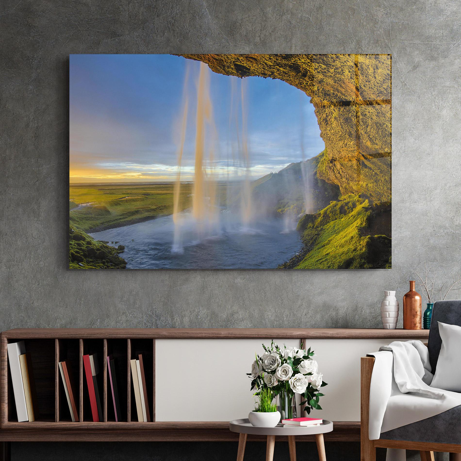 Tablou Sticla Orange Waterfall mockup 2