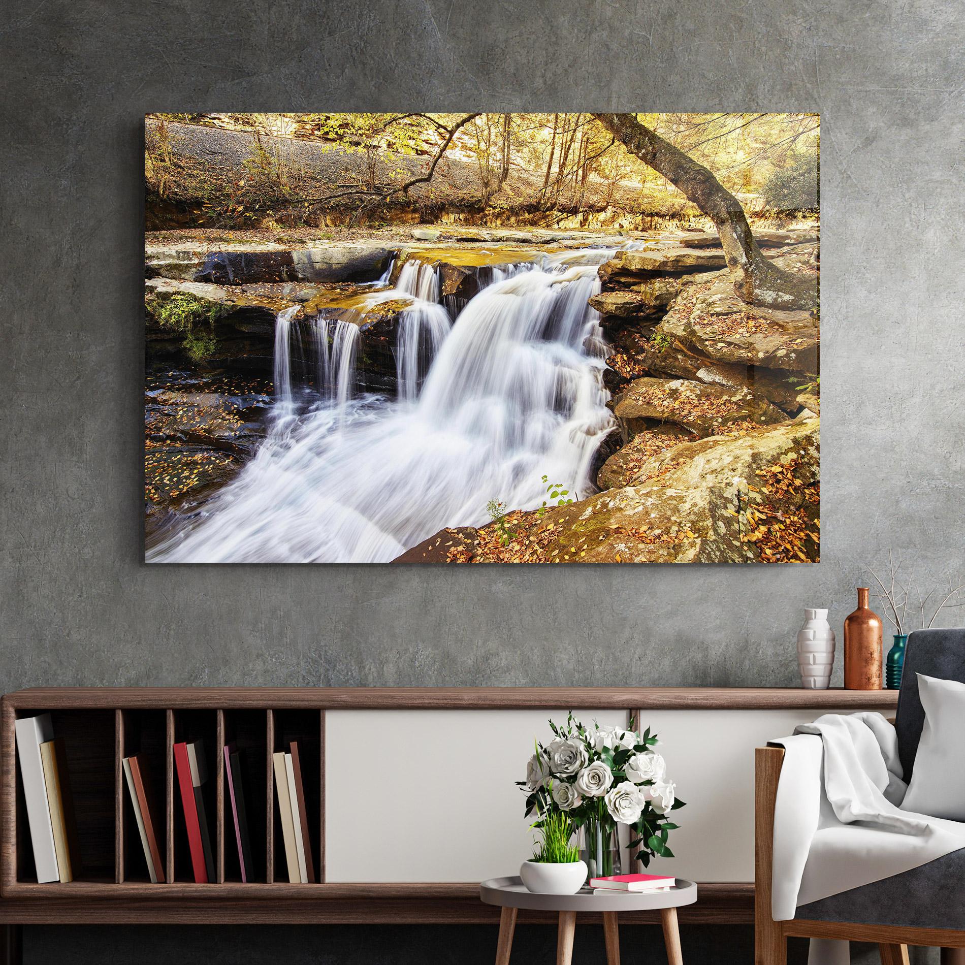 Tablou Sticla Pretty Autumn Waterfall mockup 2