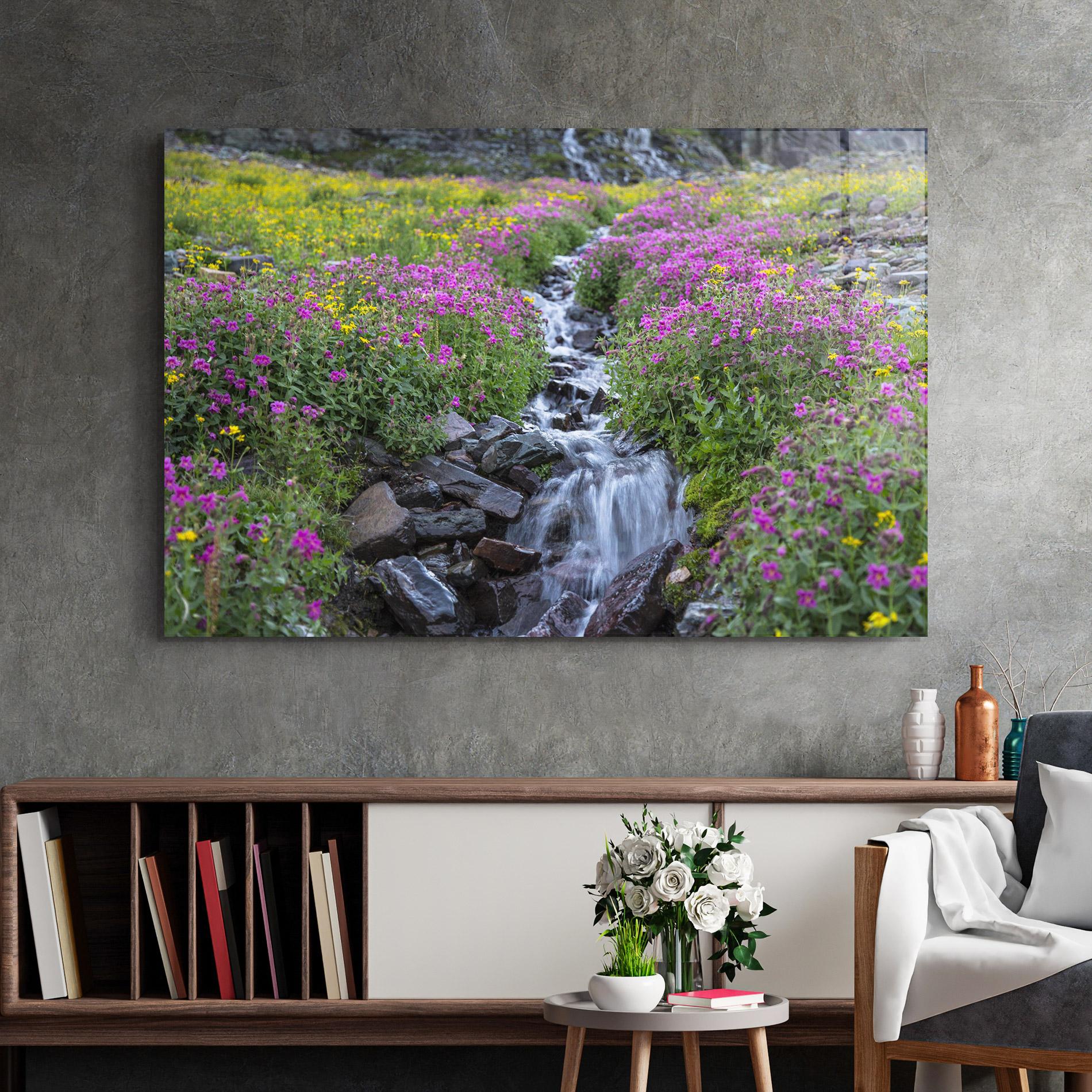 Tablou Sticla Purple Field Waterfall mockup 2