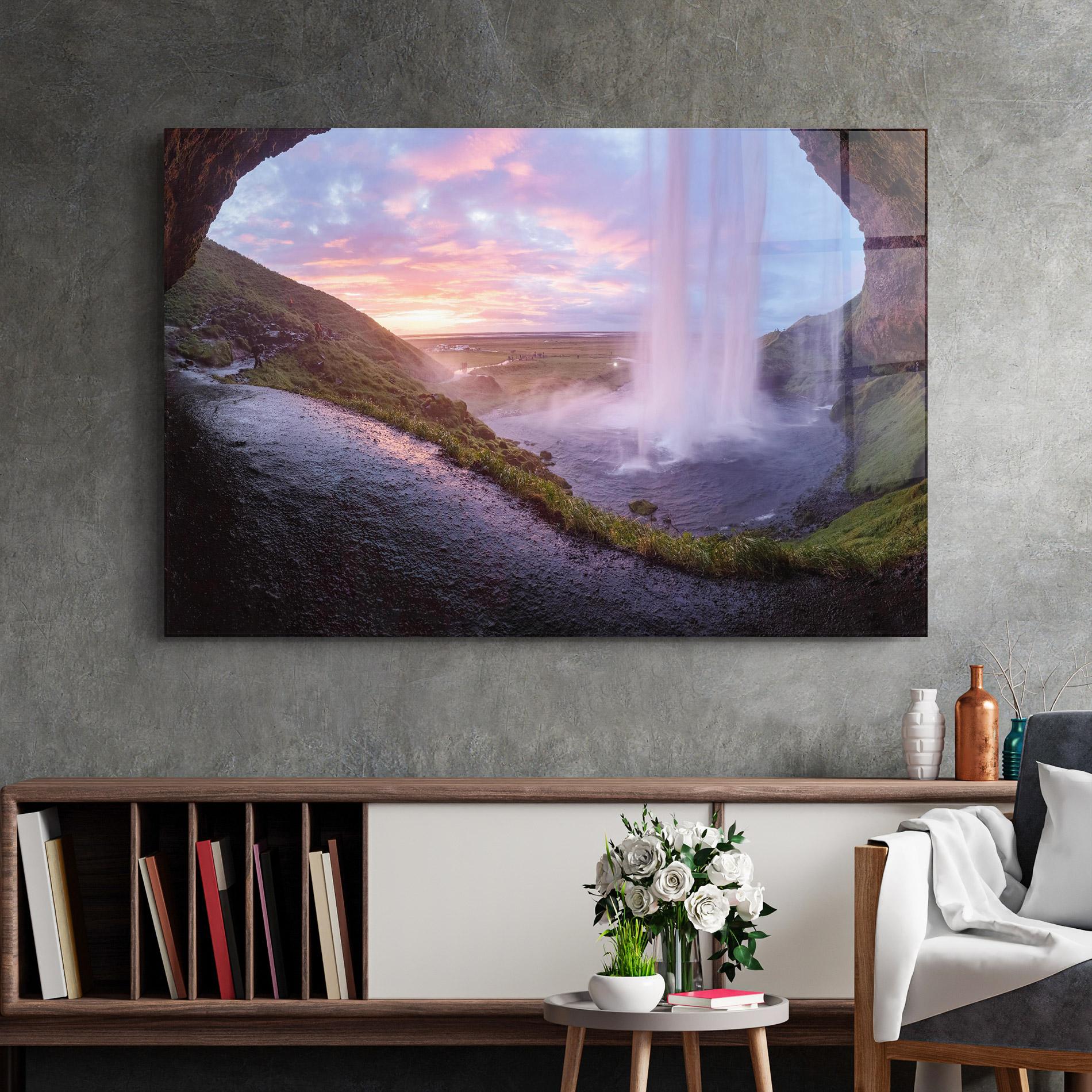 Tablou Sticla Waterfall From Cave View mockup 2