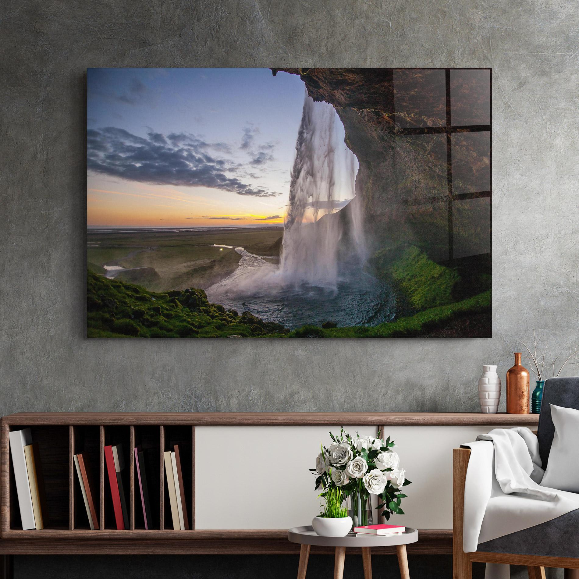 Tablou Sticla Yellow Line Waterfall mockup 2