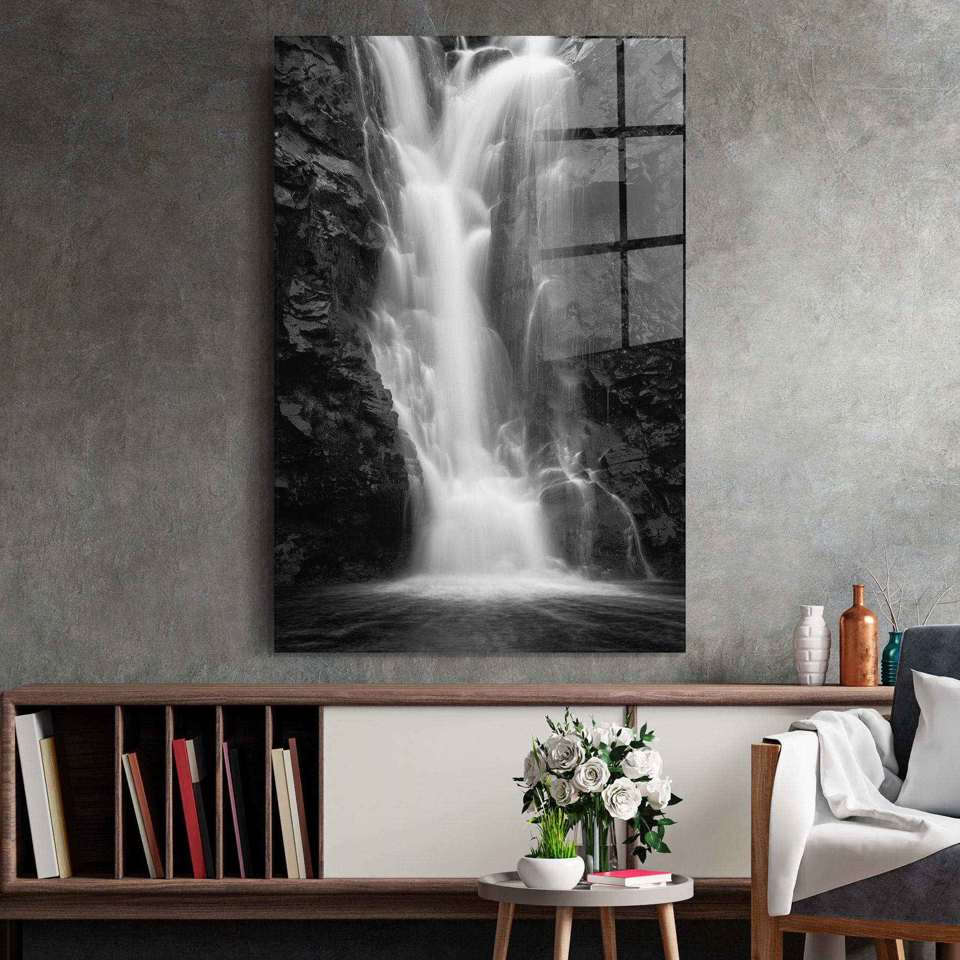 Tablou Sticla Black Rock Waterfall View mockup 2