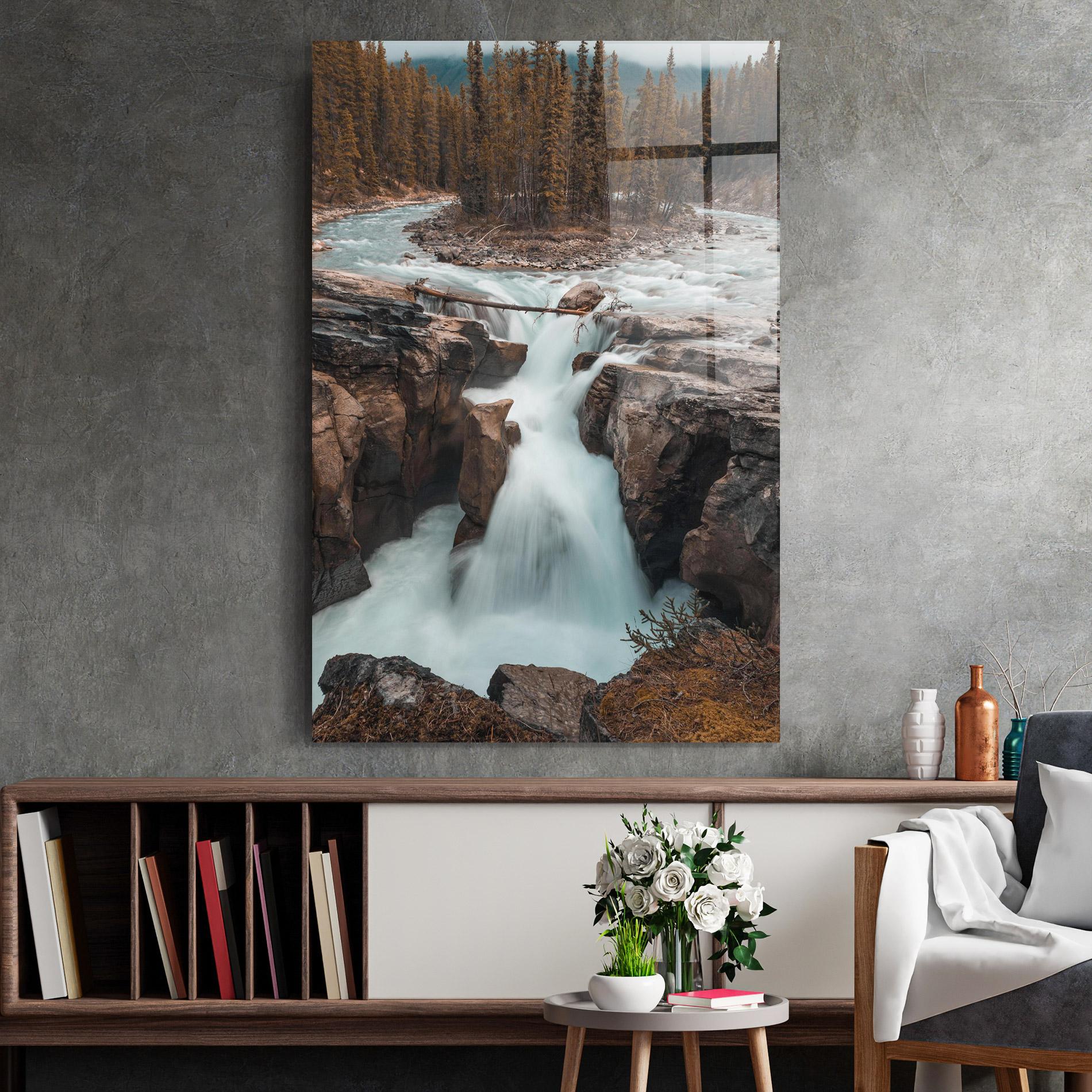 Tablou Sticla Orange Trees Waterfall mockup 2