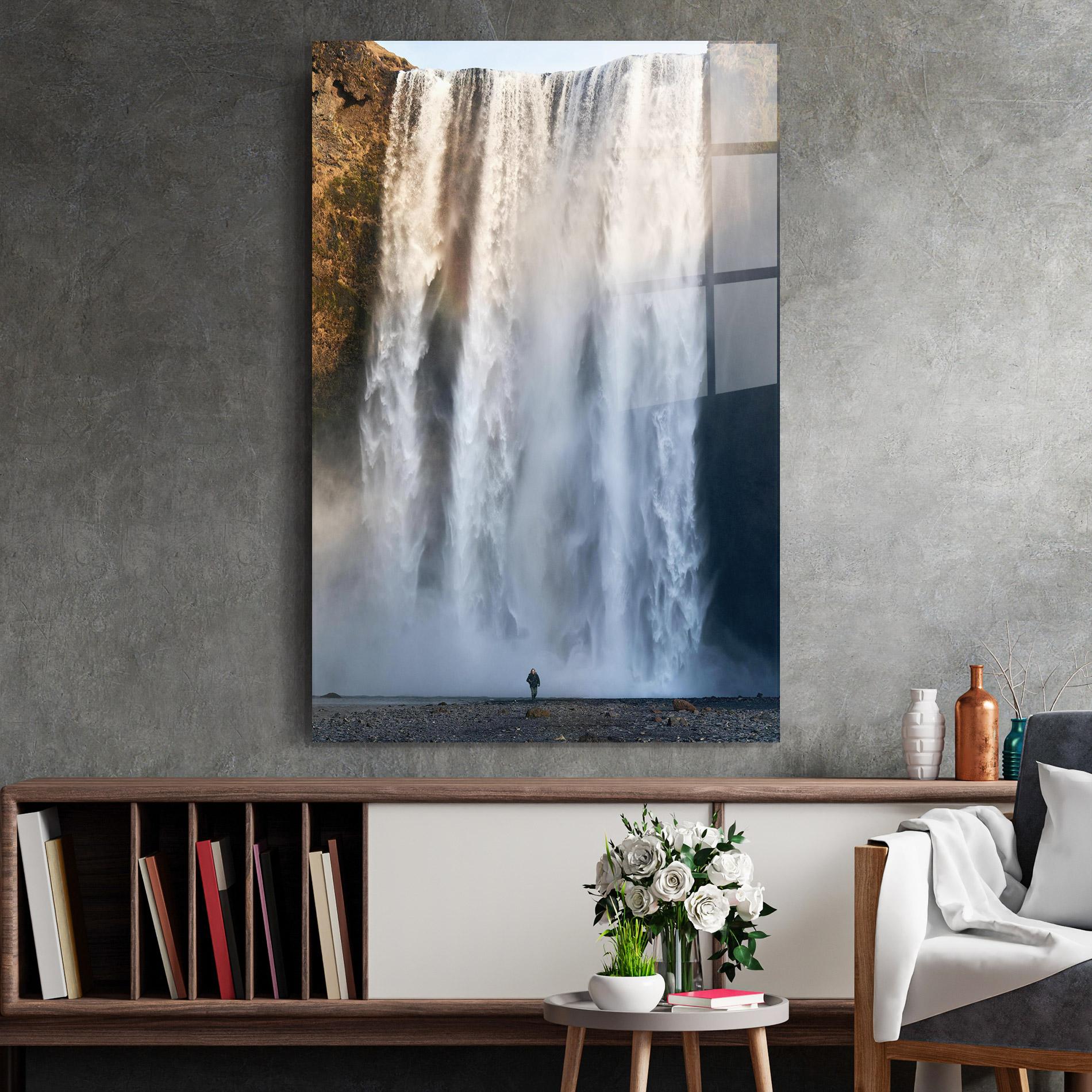 Tablou Sticla Small Man Waterfall mockup 2