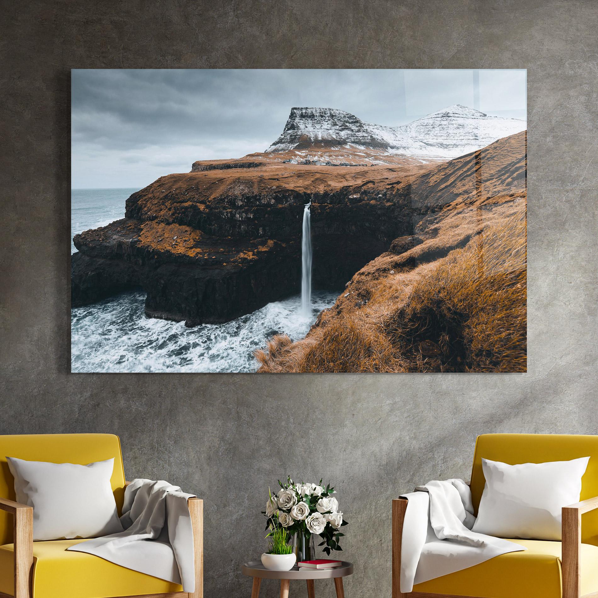 Tablou Sticla Black Houses Waterfall mockup 4