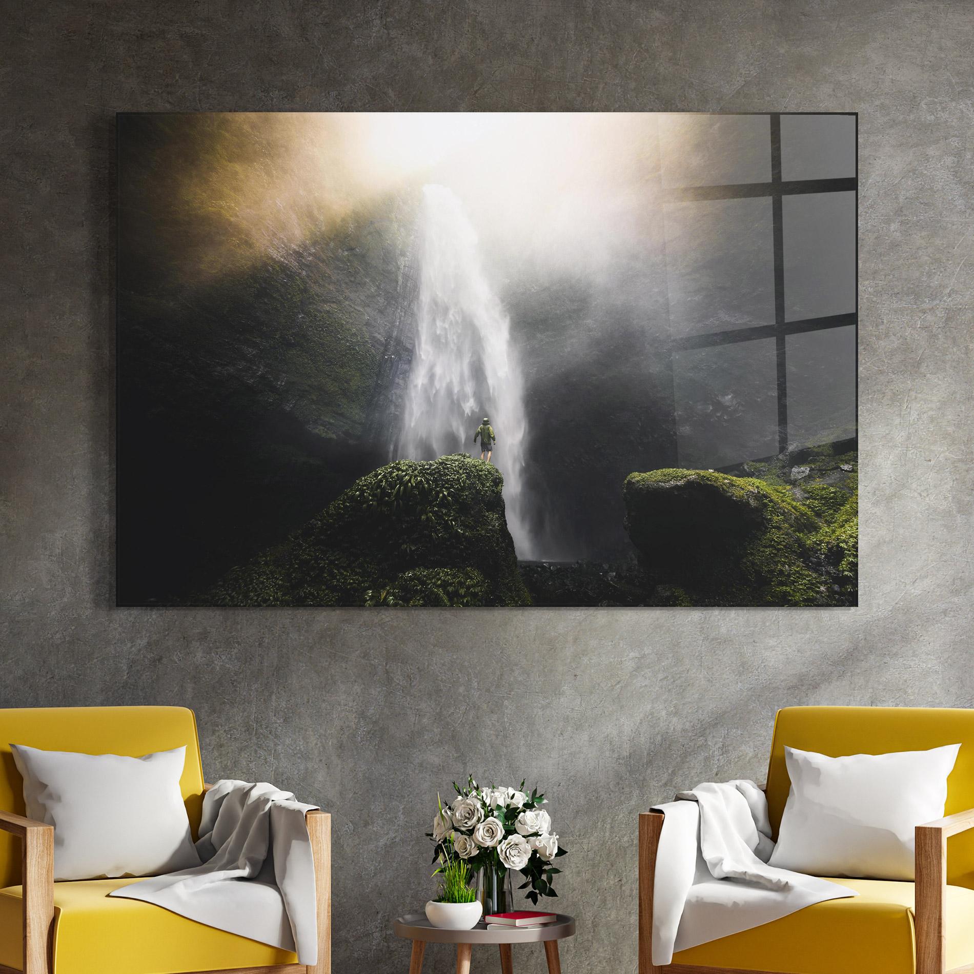 Tablou Sticla Green Man Waterfall mockup 4