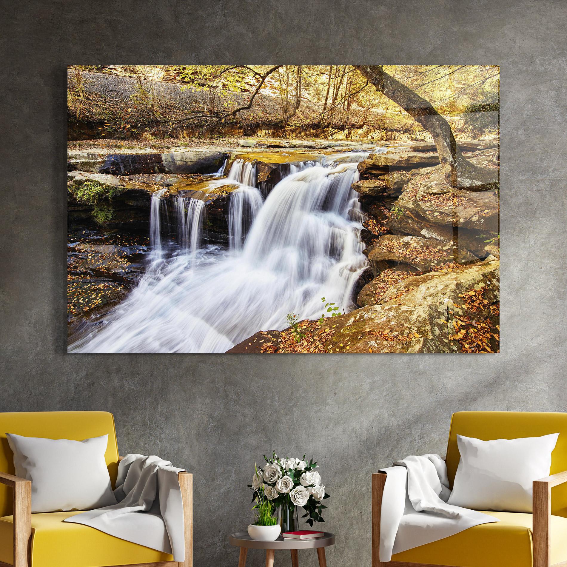 Tablou Sticla Pretty Autumn Waterfall mockup 4