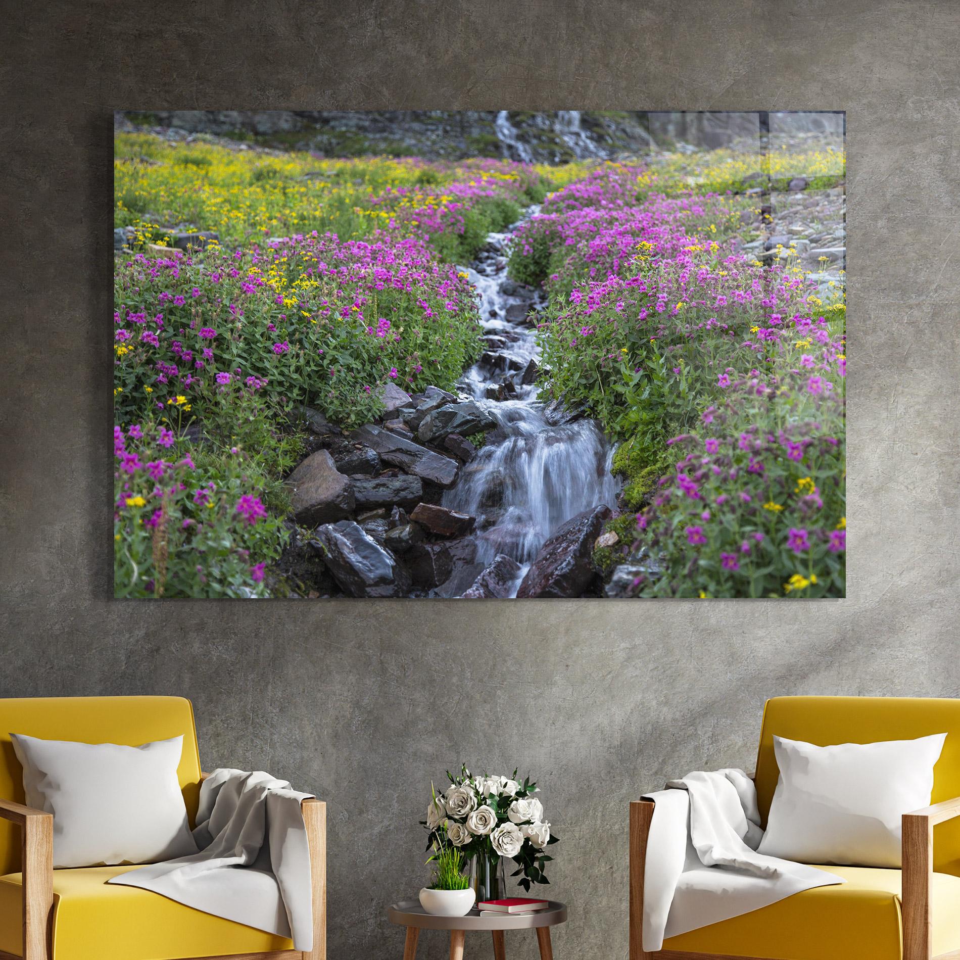 Tablou Sticla Purple Field Waterfall mockup 4