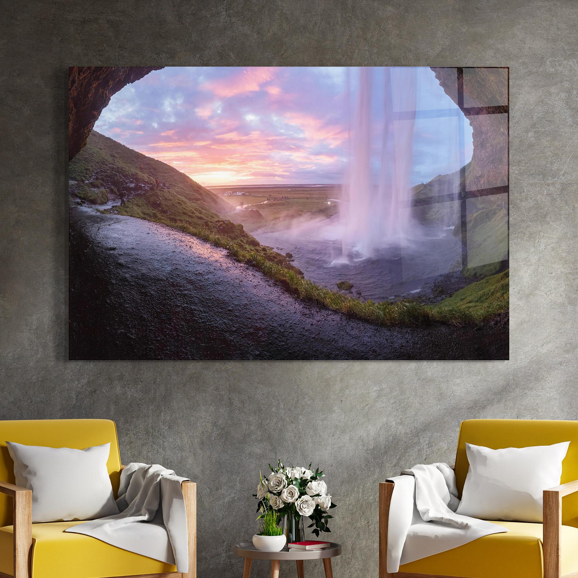 Tablou Sticla Waterfall From Cave View mockup 4