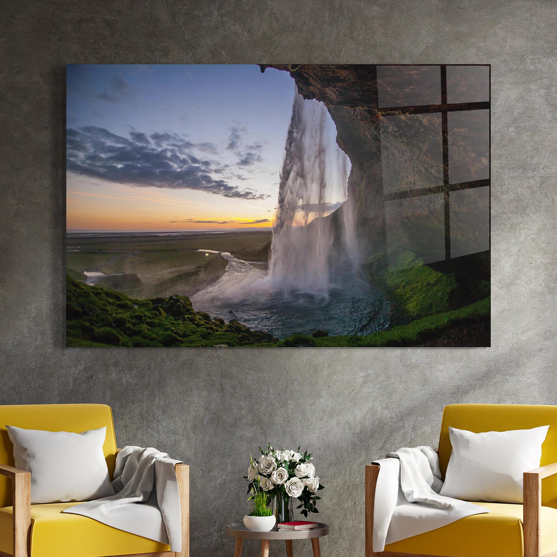 Tablou Sticla Yellow Line Waterfall mockup 4