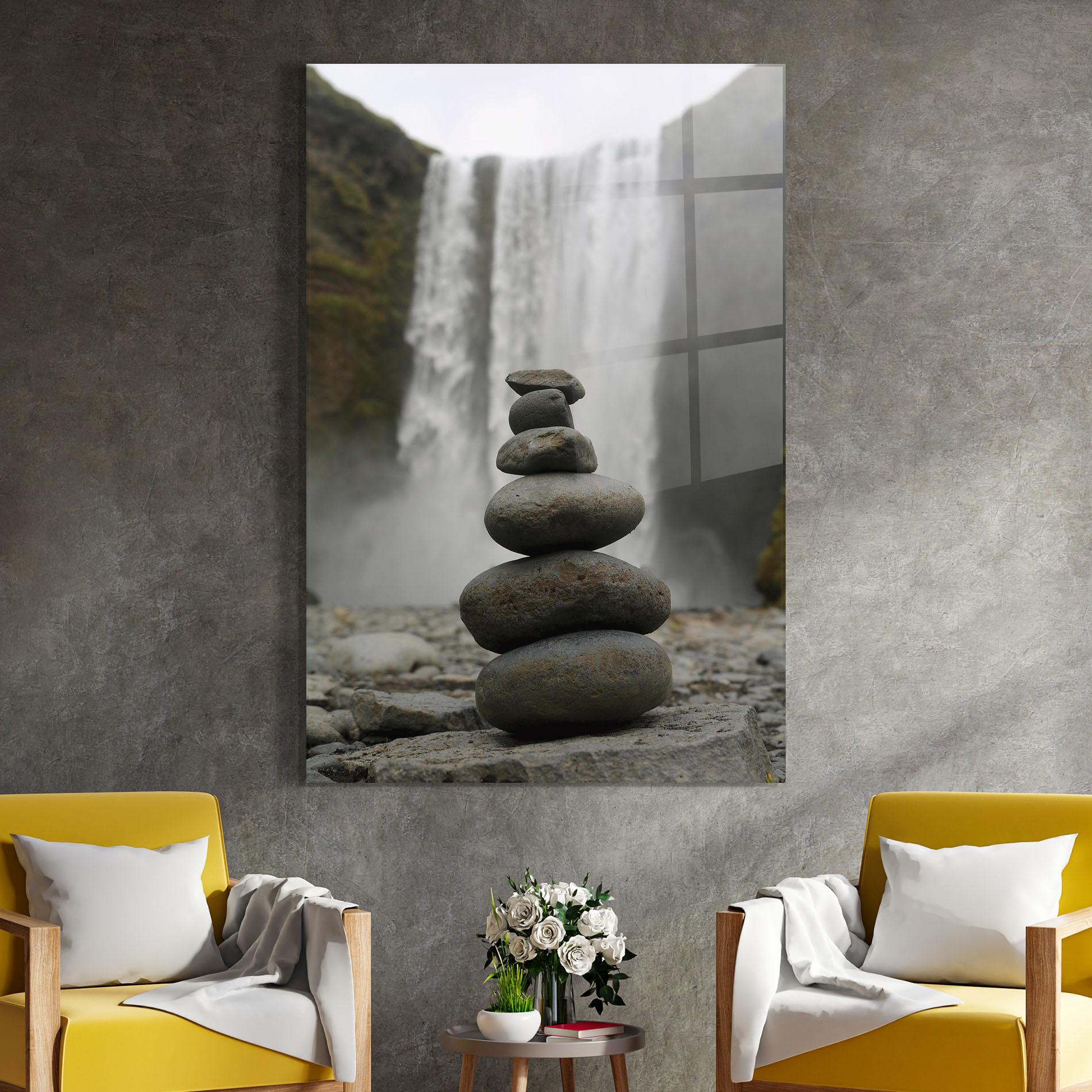 Tablou Sticla Balanced Rocks Waterfall mockup 4