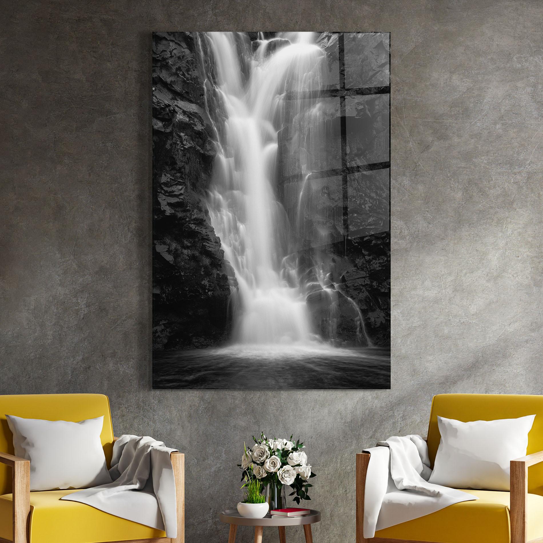 Tablou Sticla Black Rock Waterfall View mockup 4