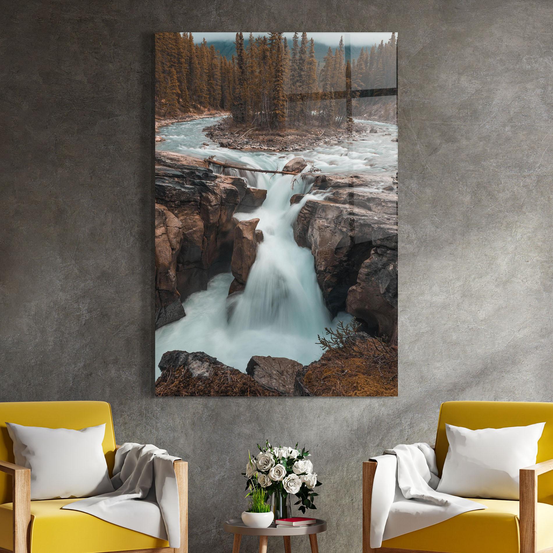 Tablou Sticla Orange Trees Waterfall mockup 4