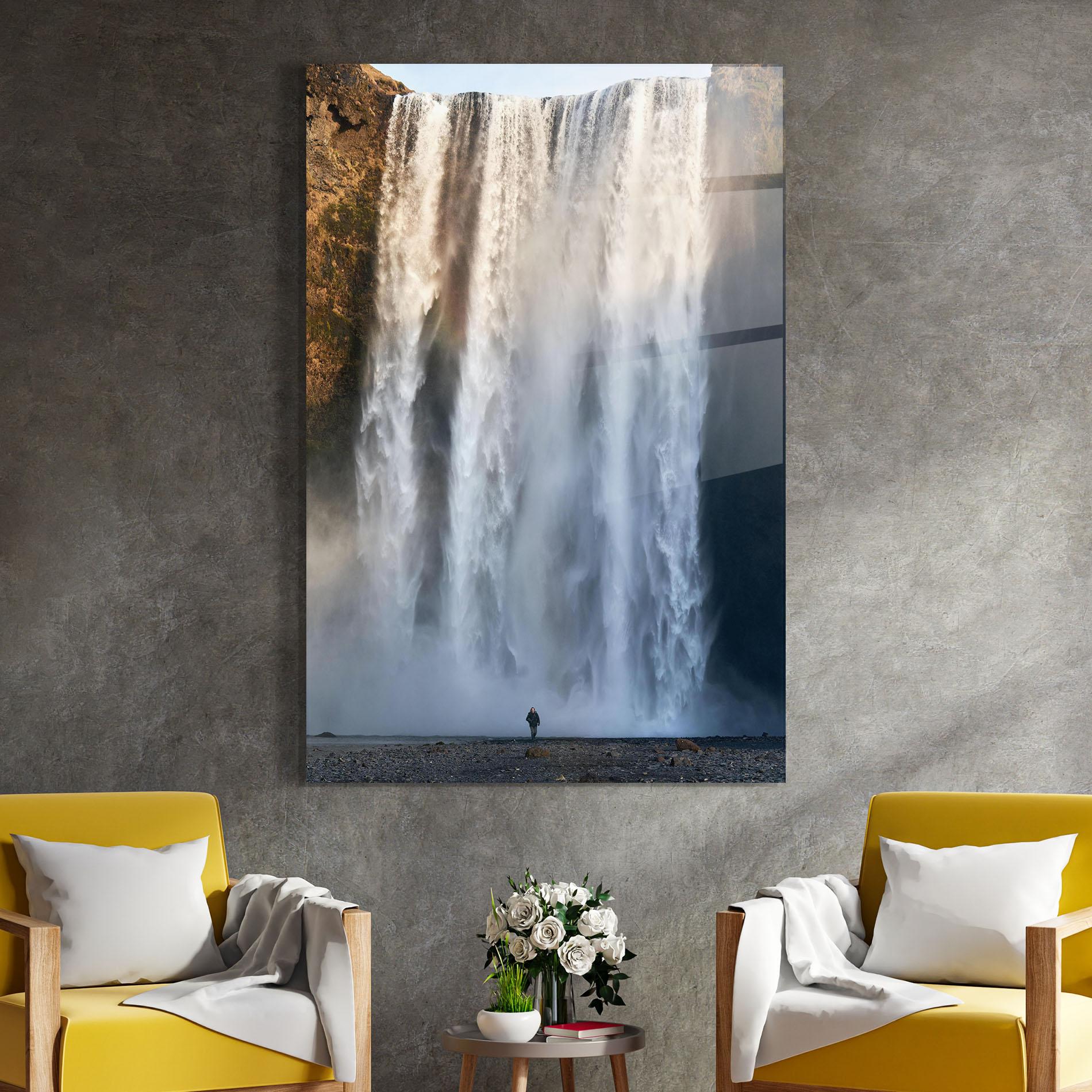 Tablou Sticla Small Man Waterfall mockup 4