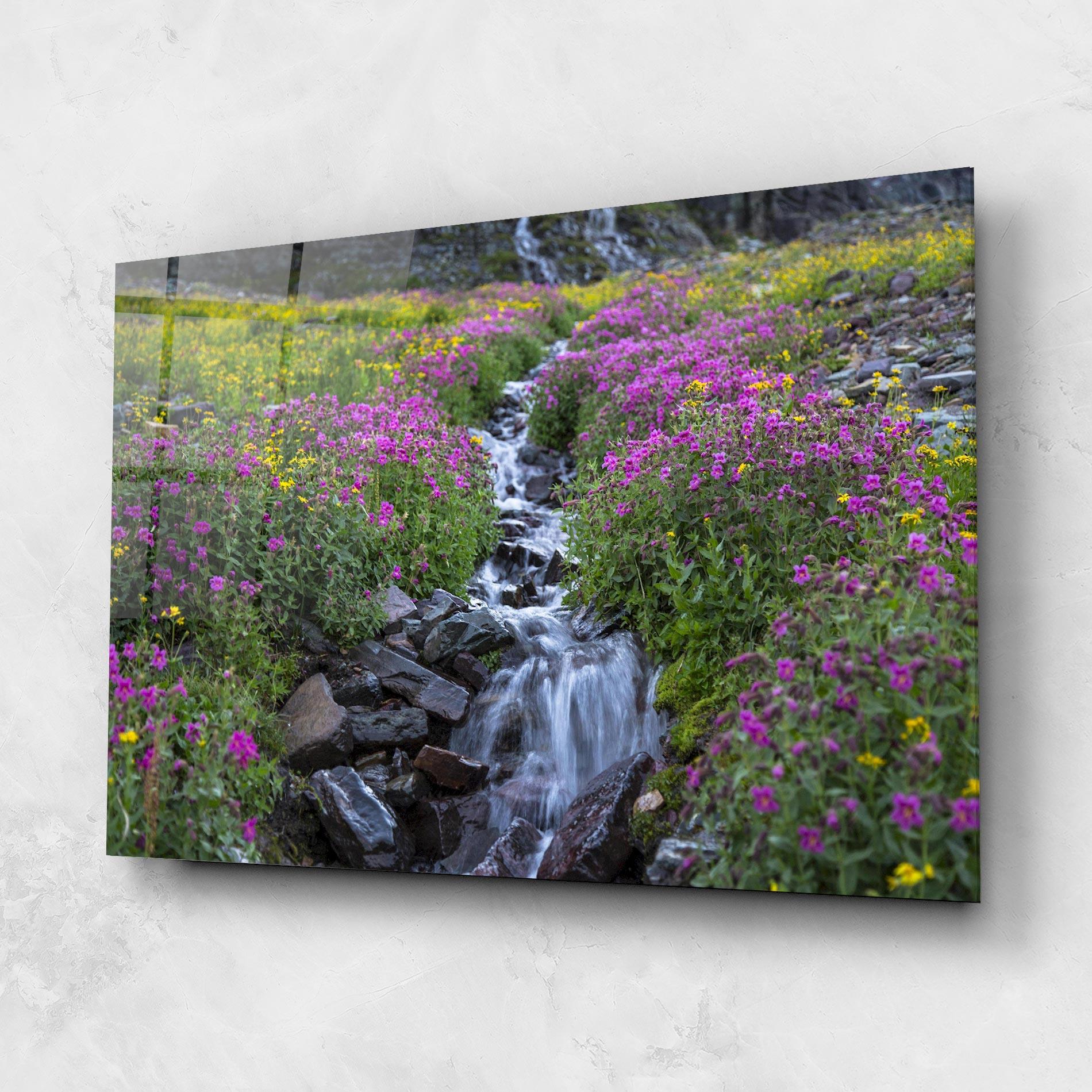 Tablou Sticla Purple Field Waterfall mockup 1