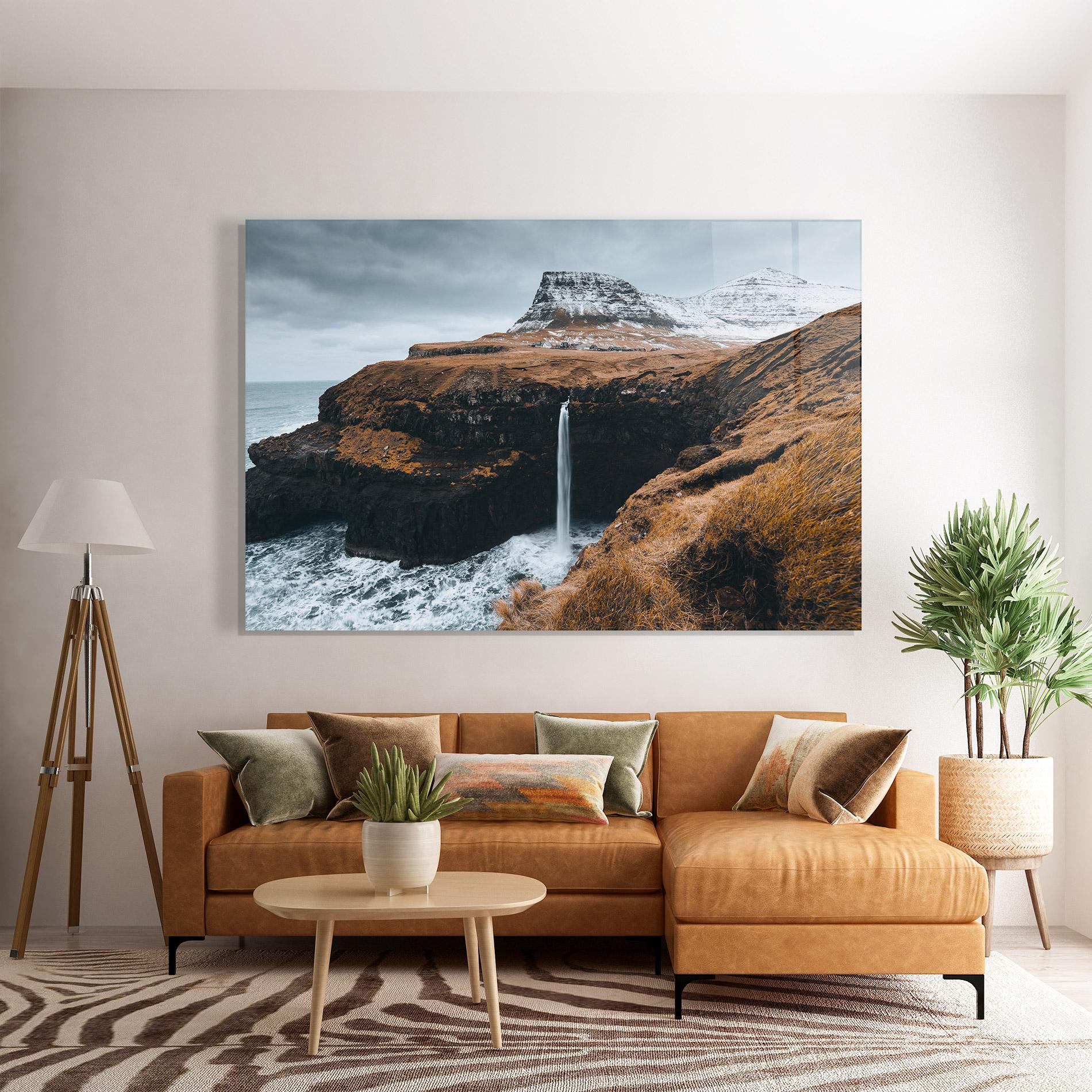 Tablou Sticla Black Houses Waterfall mockup 7