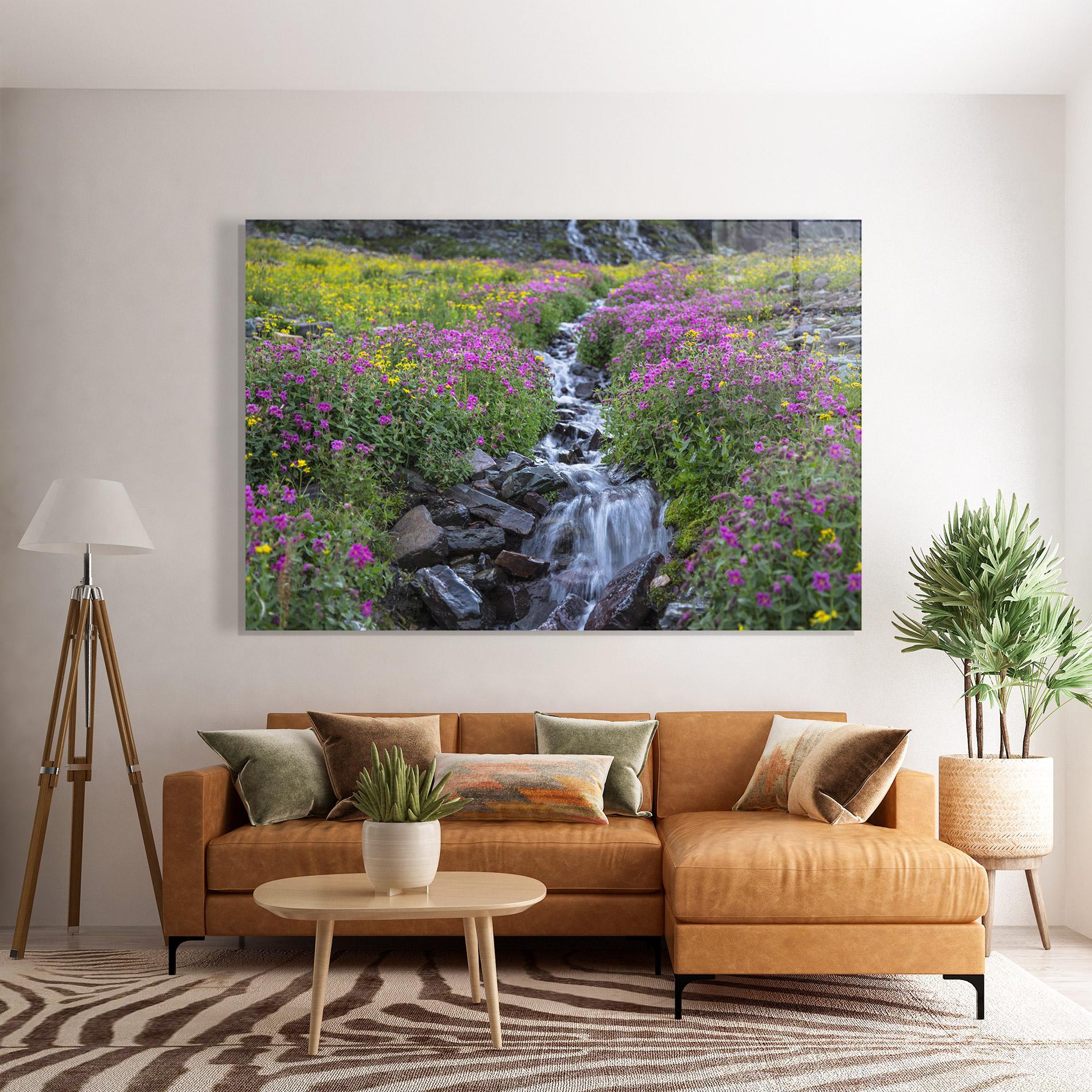 Tablou Sticla Purple Field Waterfall mockup 7