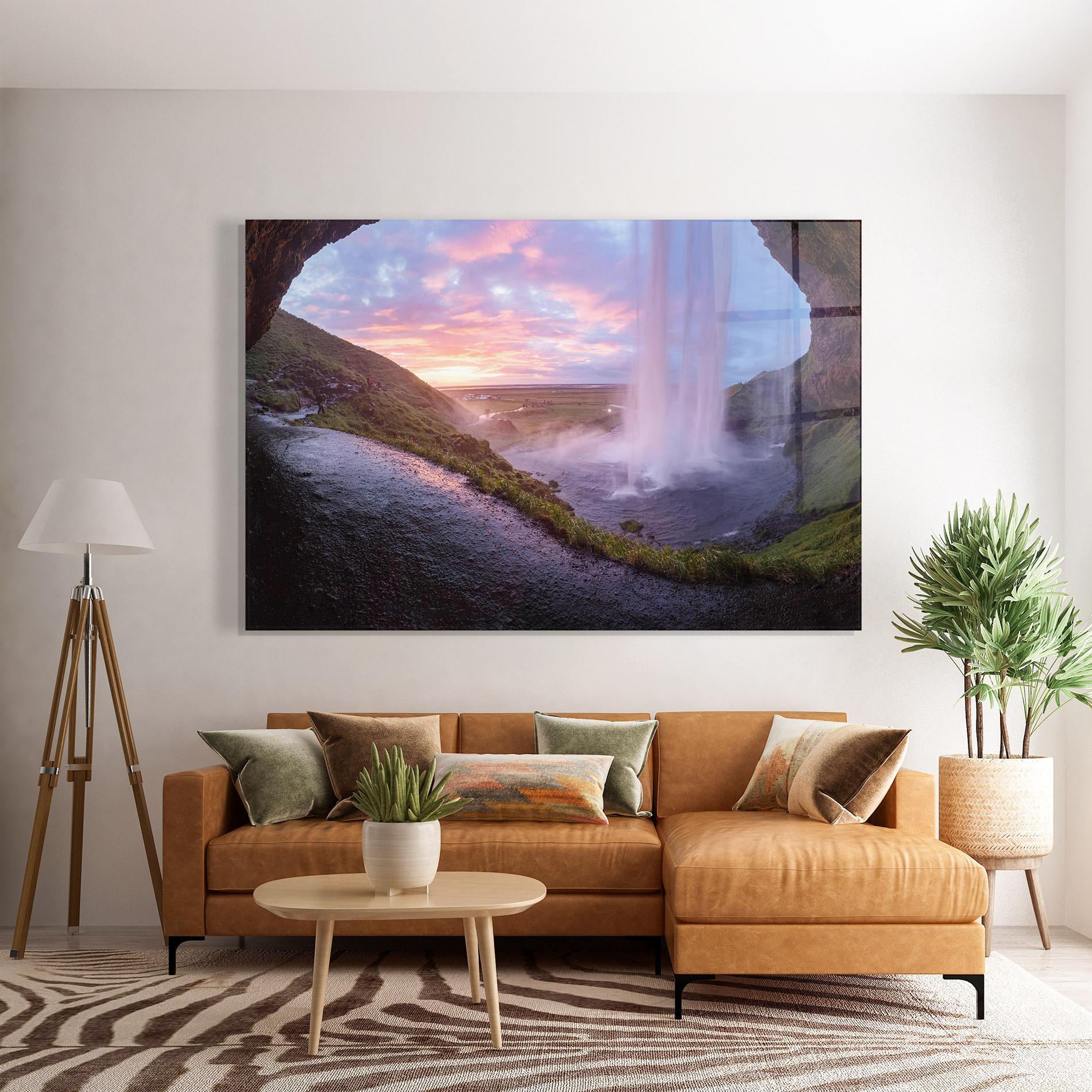 Tablou Sticla Waterfall From Cave View mockup 7