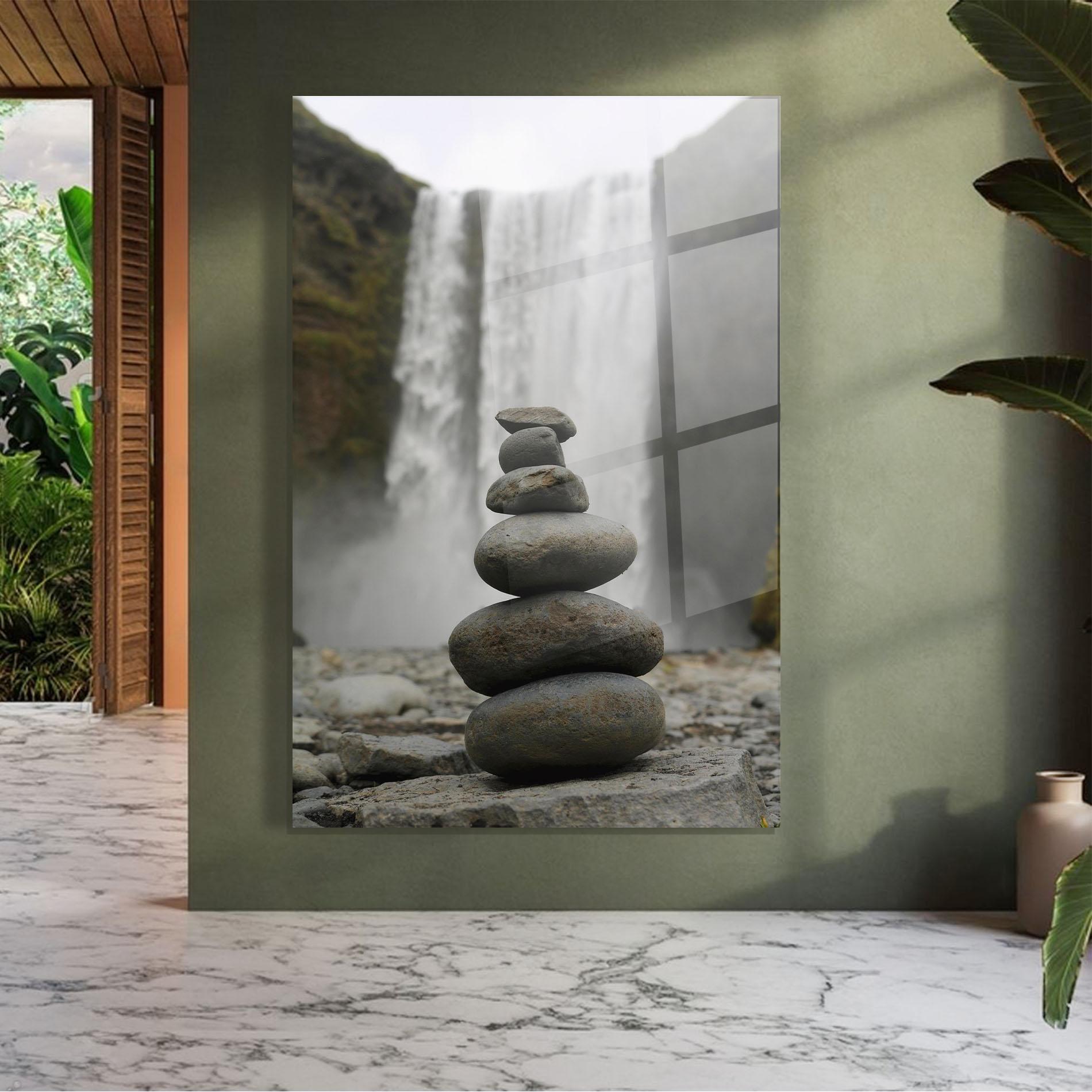 Tablou Sticla Balanced Rocks Waterfall mockup 7
