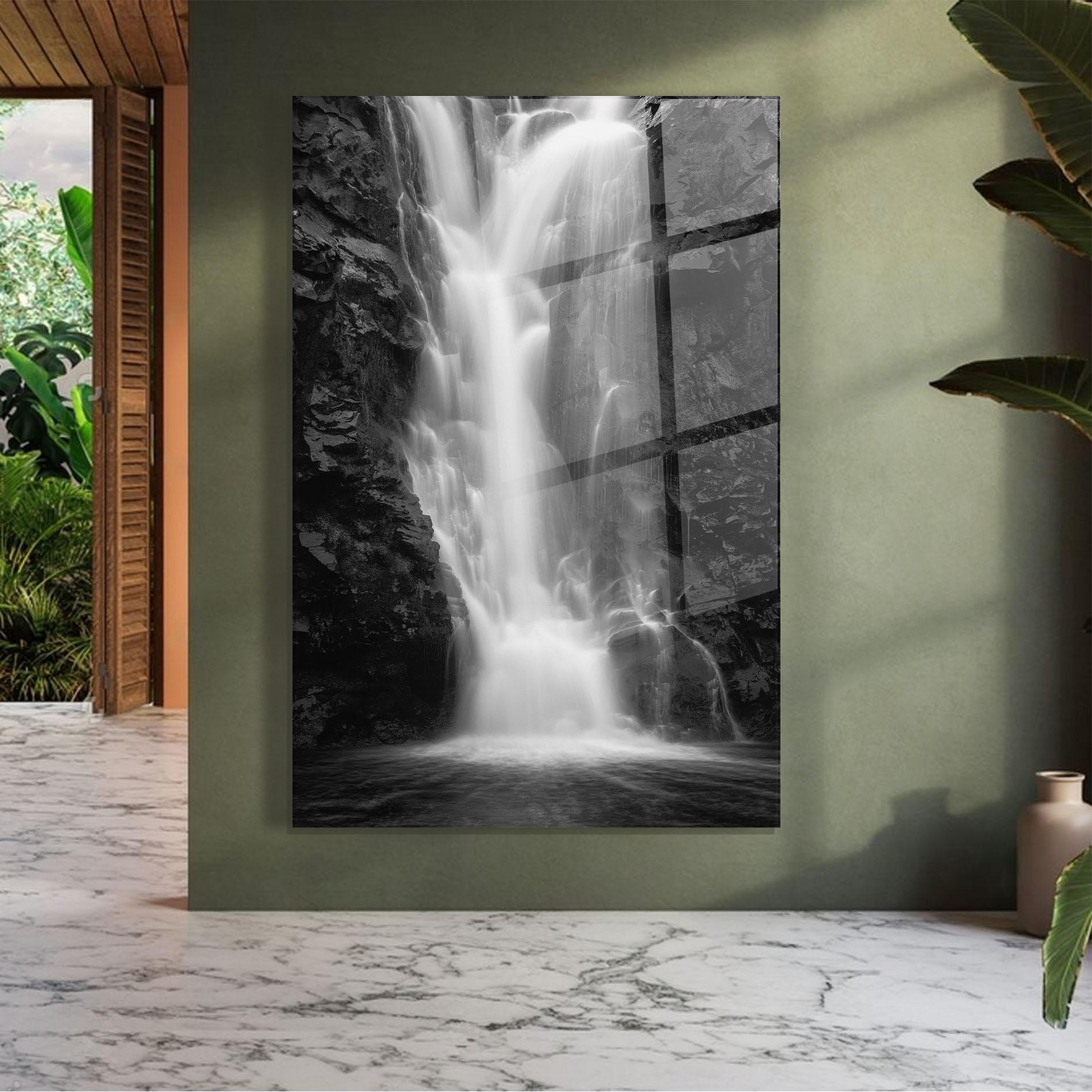 Tablou Sticla Black Rock Waterfall View mockup 7