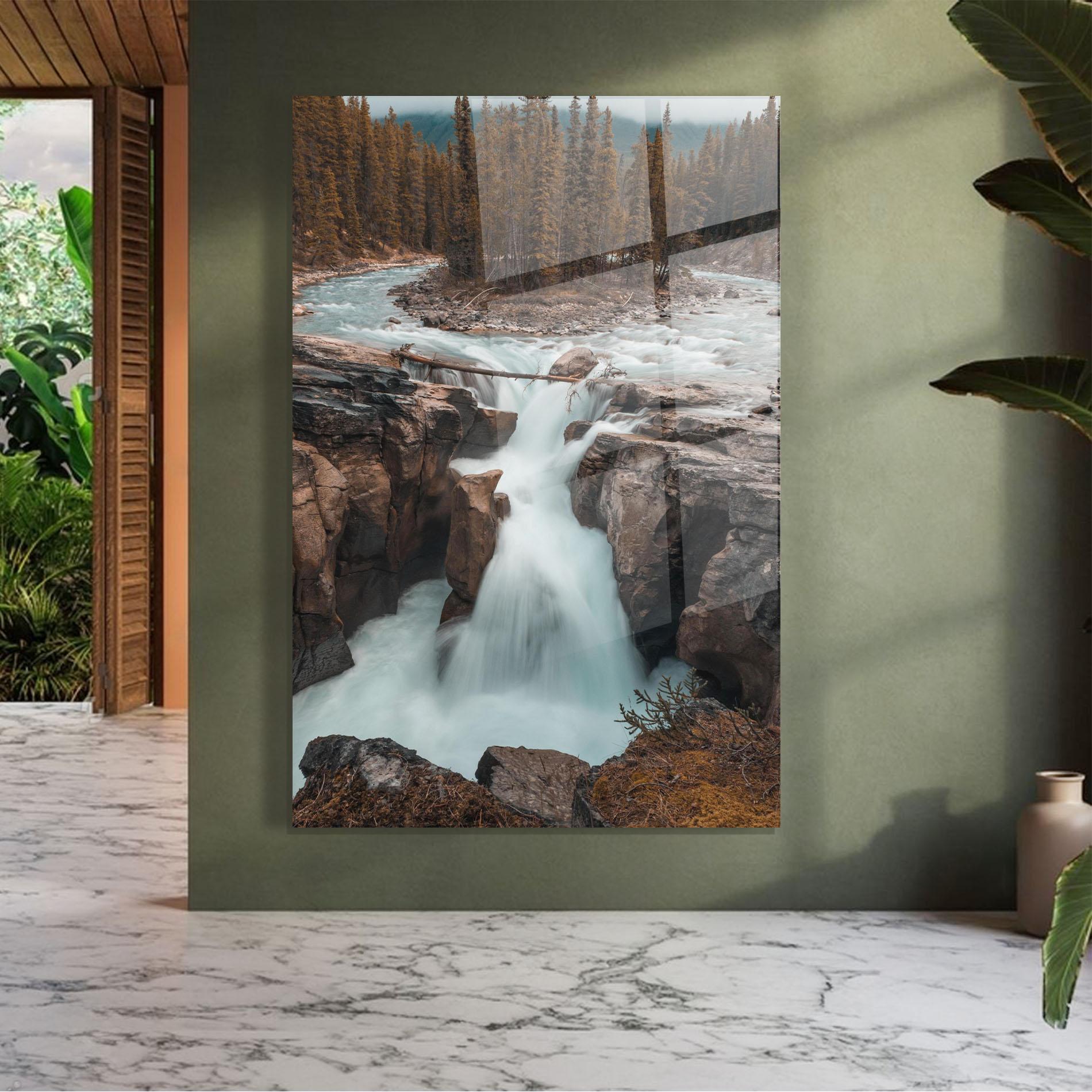 Tablou Sticla Orange Trees Waterfall mockup 7