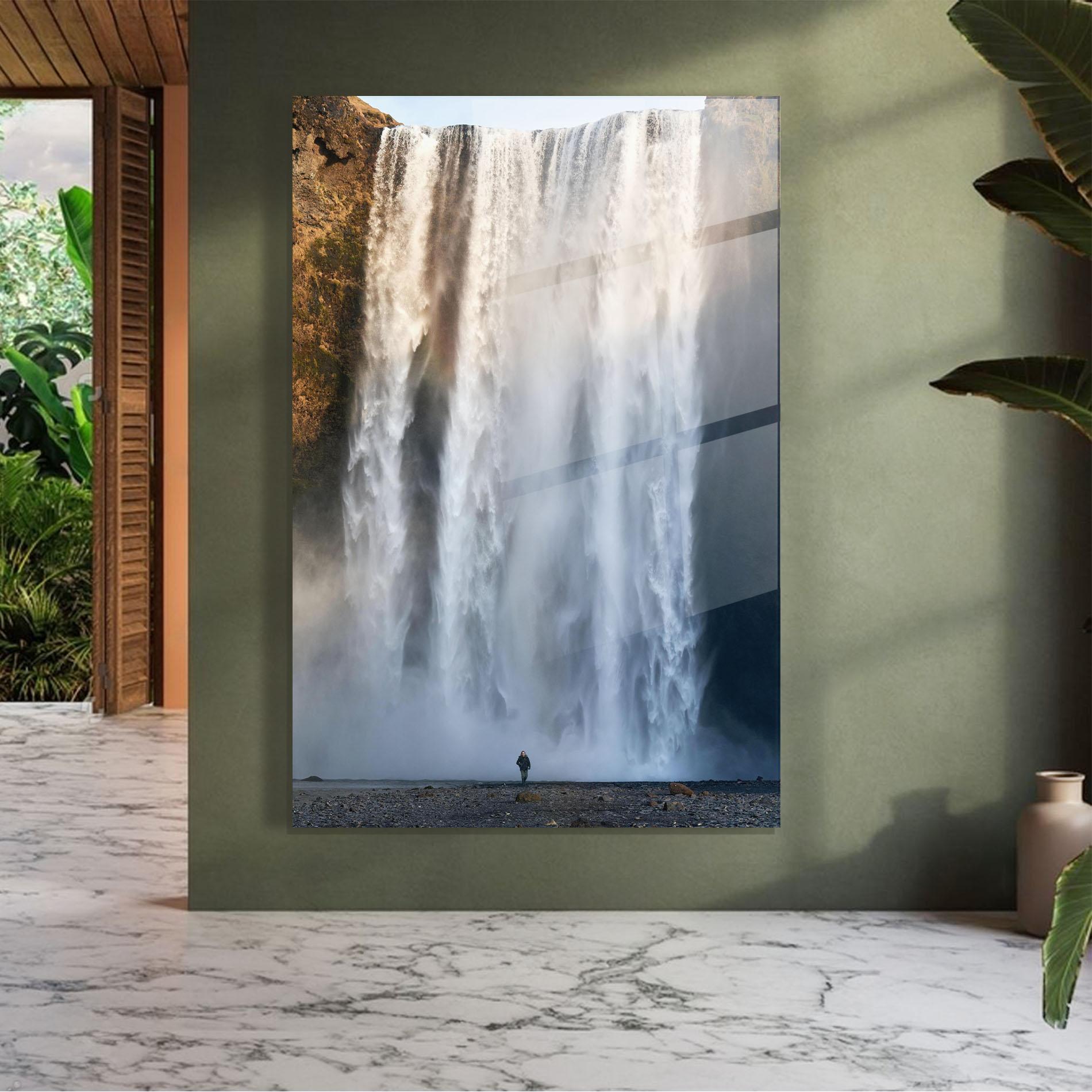 Tablou Sticla Small Man Waterfall mockup 7