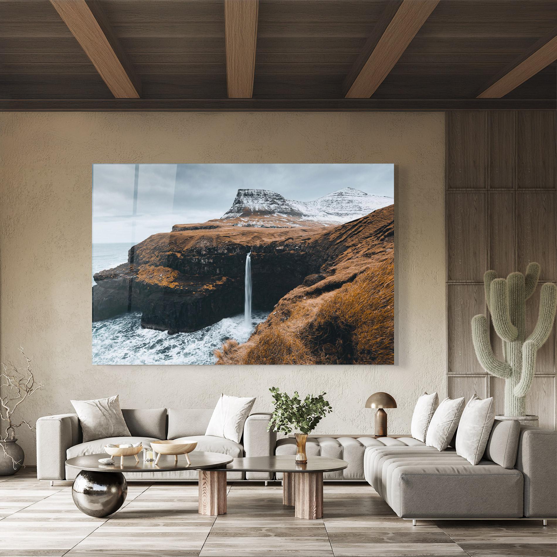 Tablou Sticla Black Houses Waterfall mockup 8