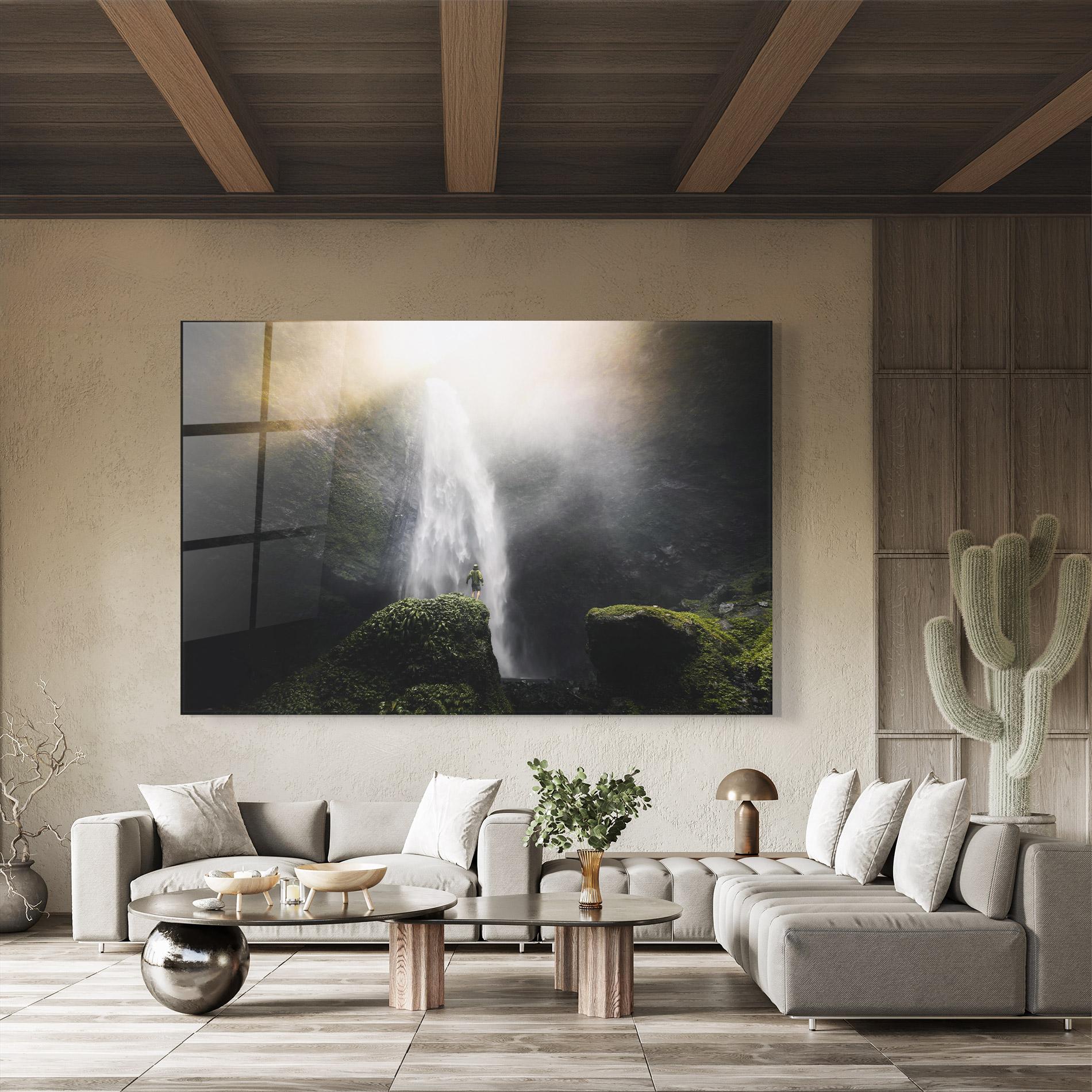 Tablou Sticla Green Man Waterfall mockup 8