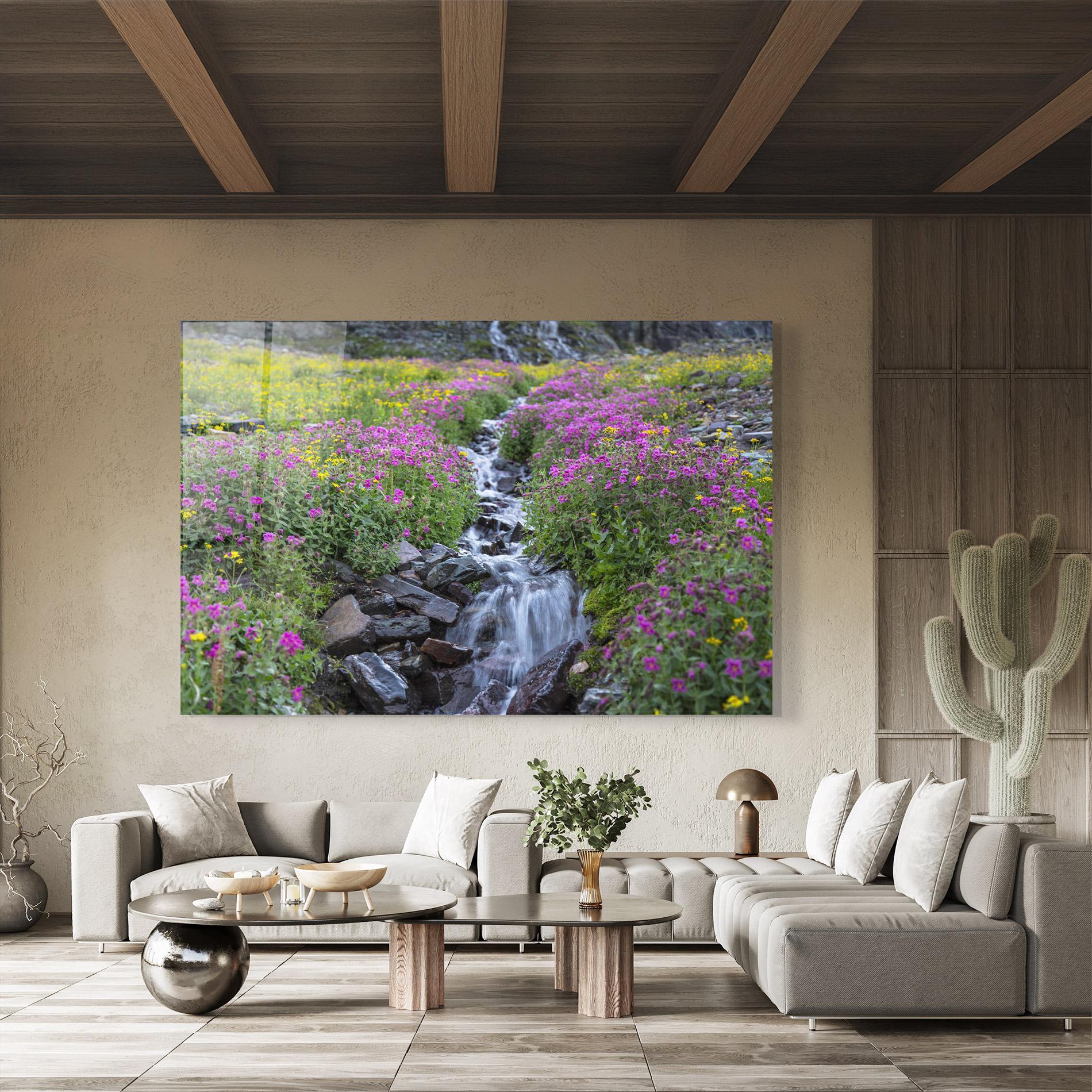 Tablou Sticla Purple Field Waterfall mockup 8