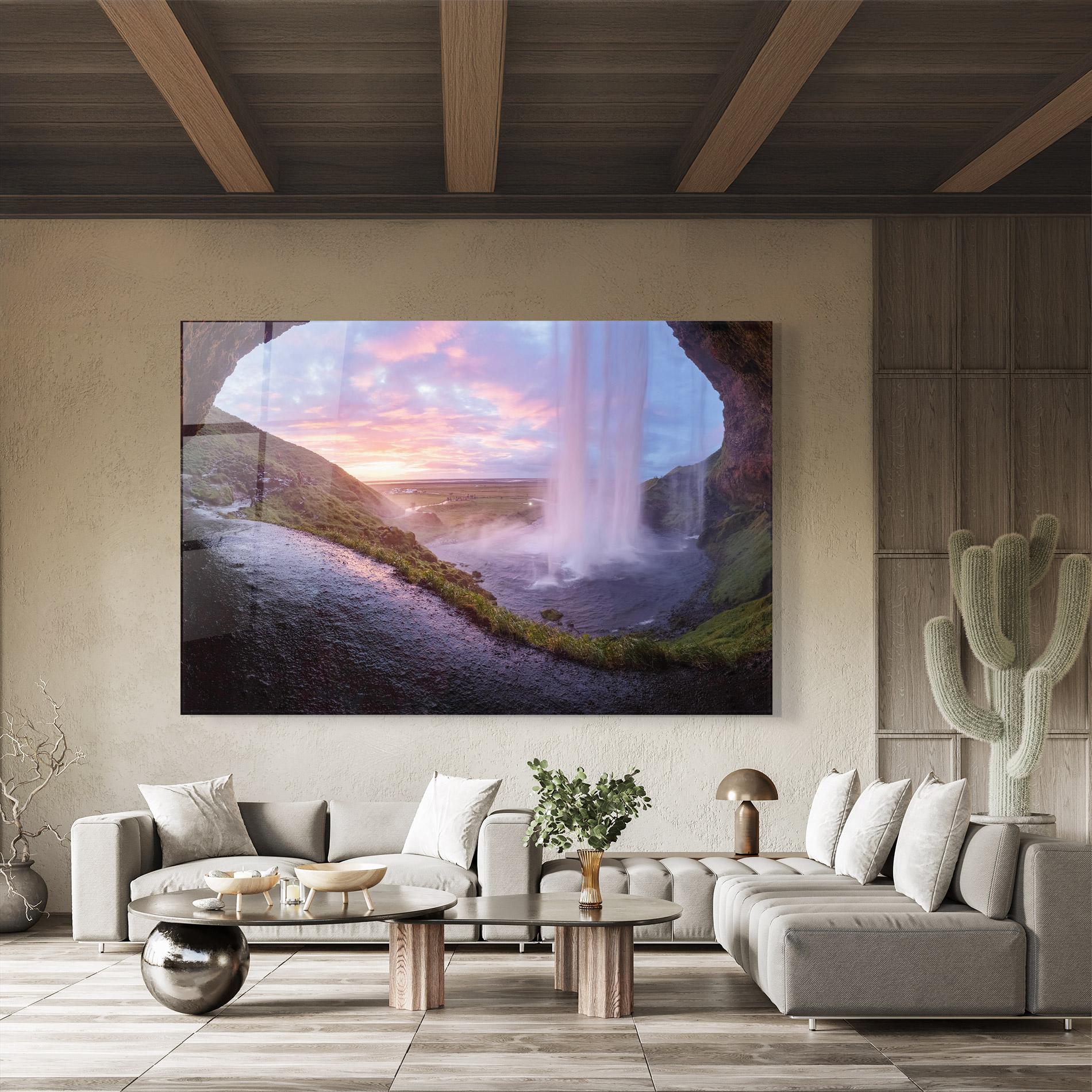 Tablou Sticla Waterfall From Cave View mockup 8