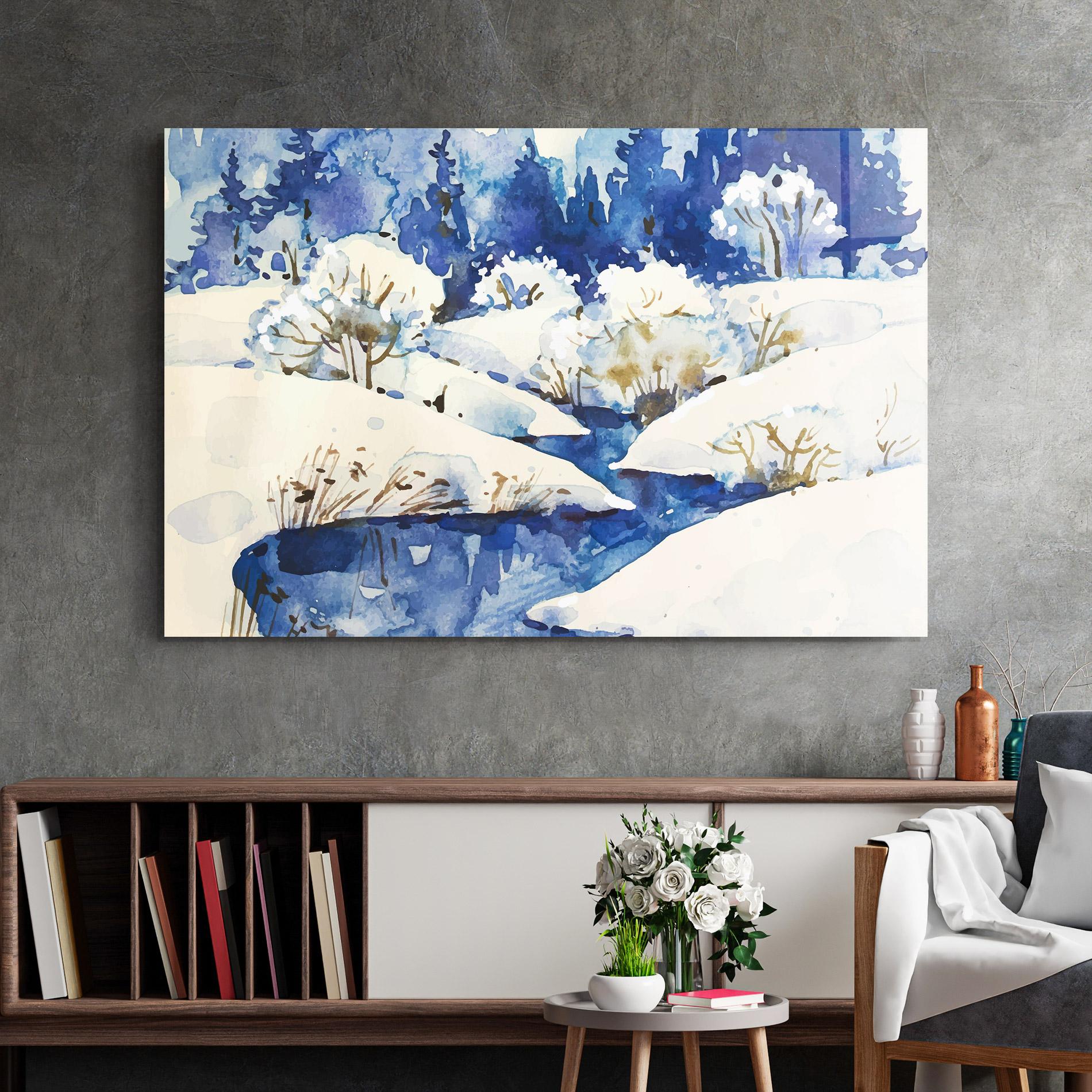 Tablou Sticla Blue Trees Winter mockup 2