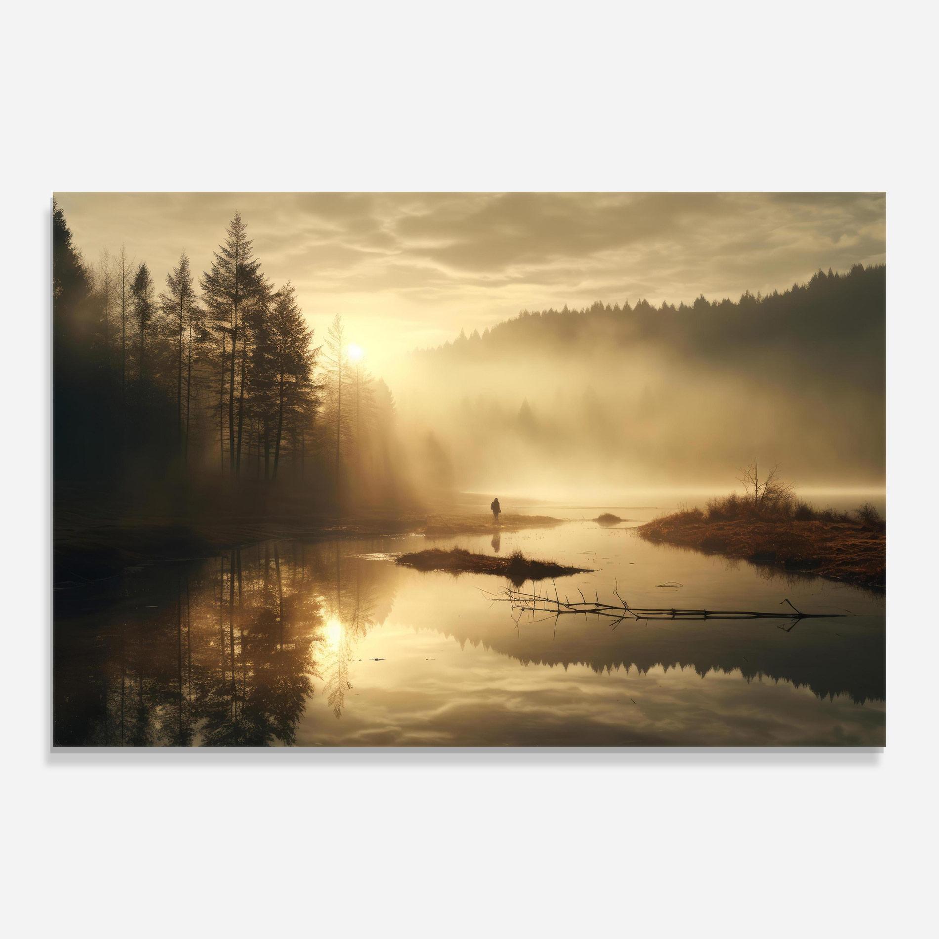 Tablou Sticla The Sun Is Rising Over A River In A Foggy Forest mockup 0