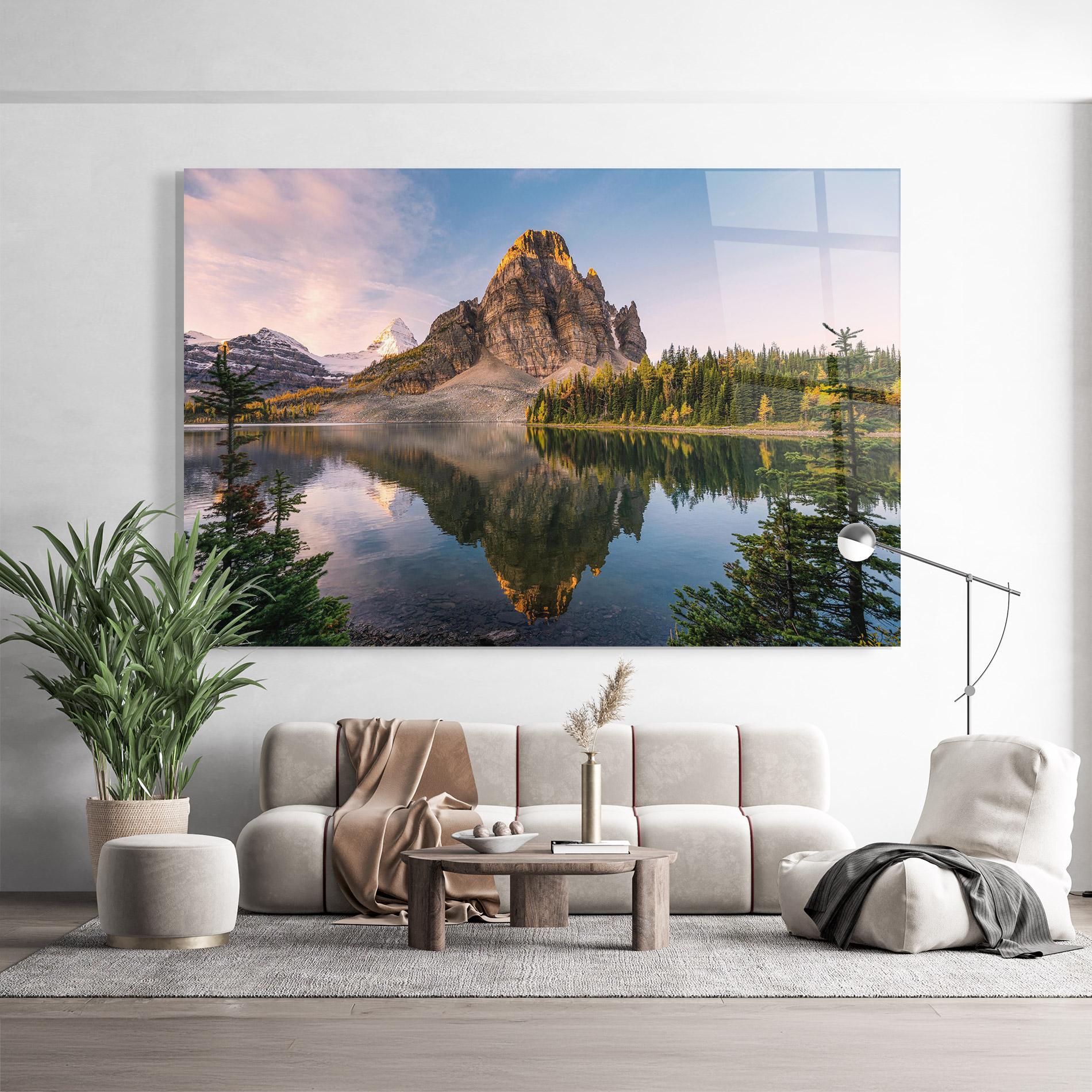 Tablou Sticla Mountain Sunrise Lake mockup 9