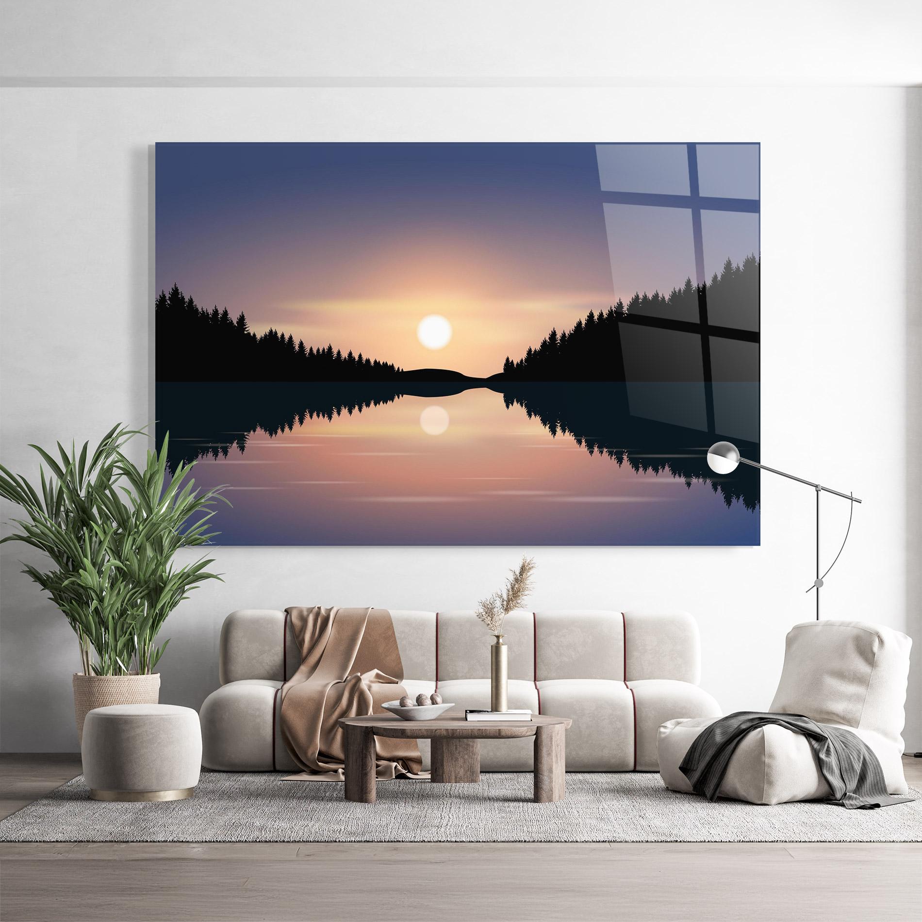 Tablou Sticla Sunset Forest Lake mockup 9