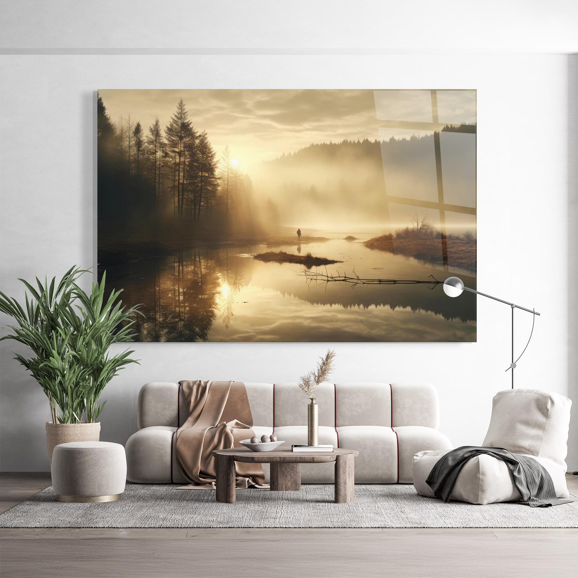Tablou Sticla The Sun Is Rising Over A River In A Foggy Forest mockup 9