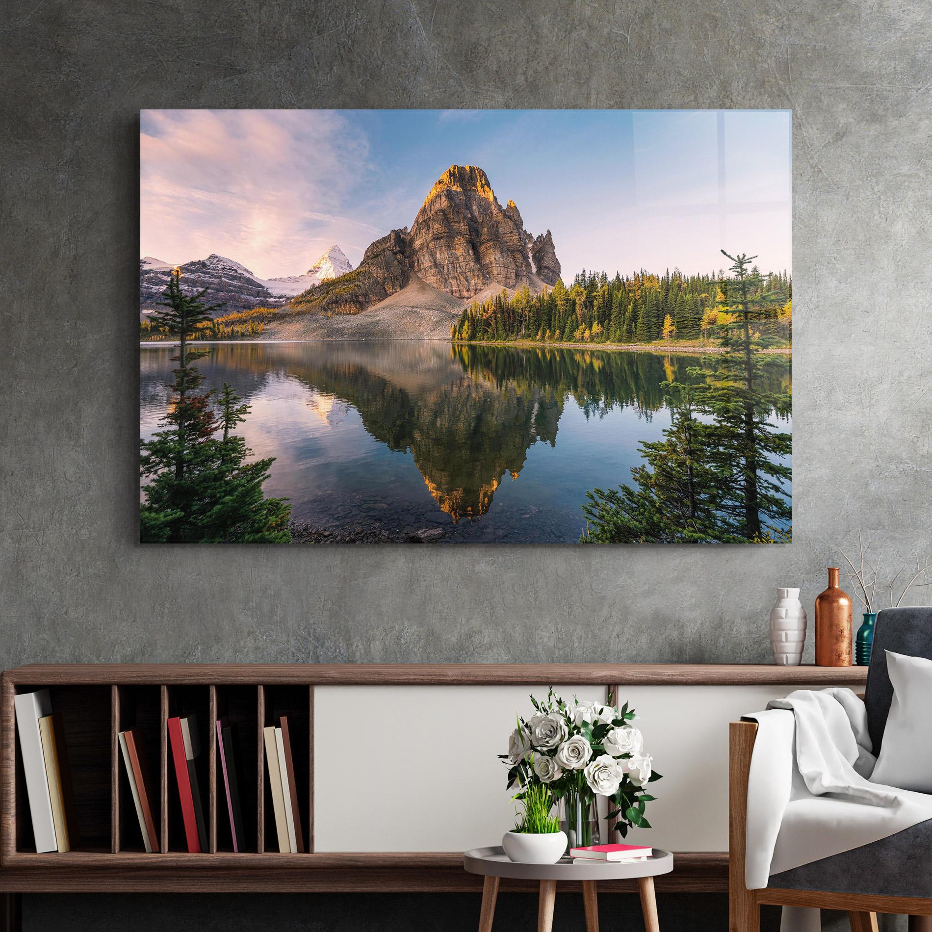 Tablou Sticla Mountain Sunrise Lake mockup 2