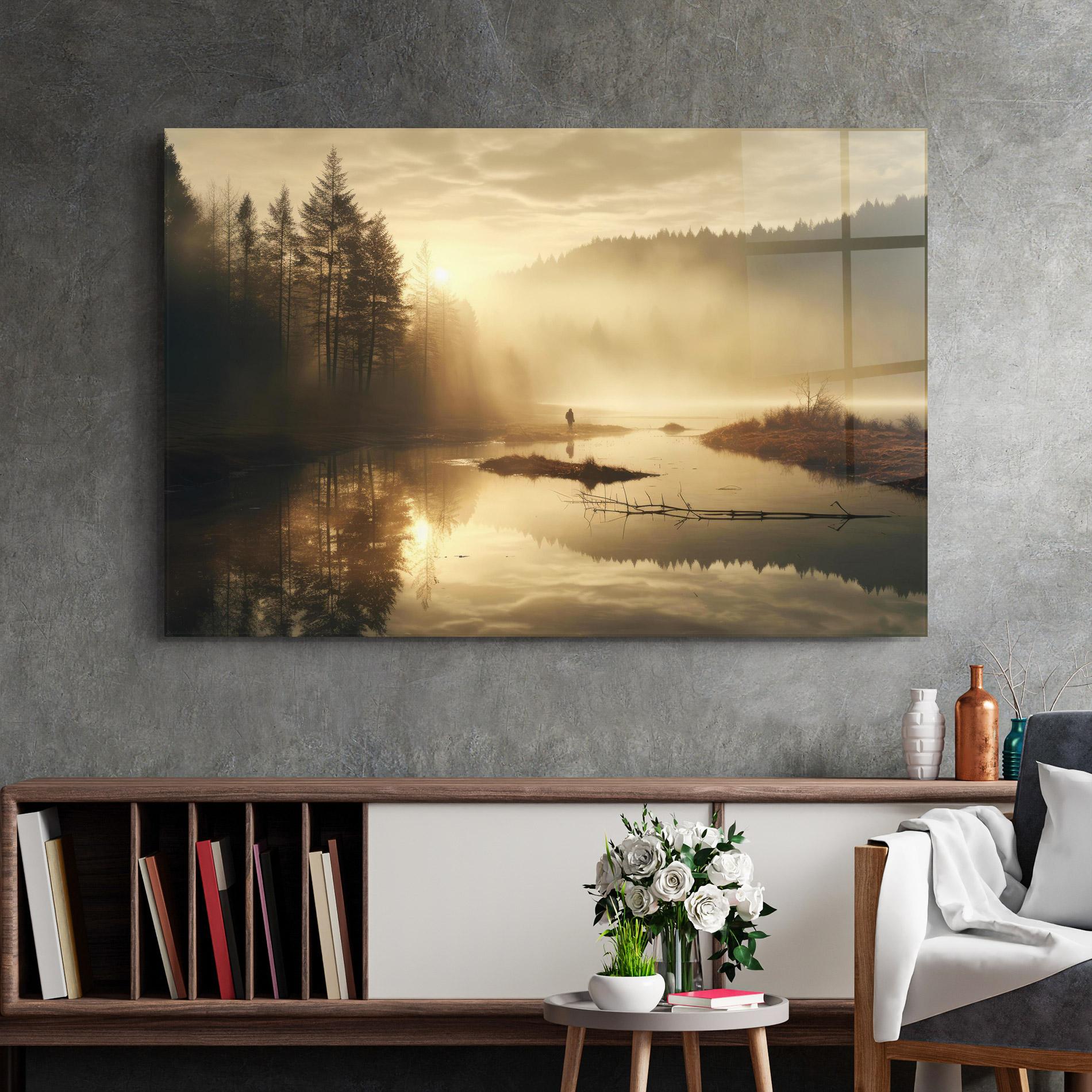 Tablou Sticla The Sun Is Rising Over A River In A Foggy Forest mockup 2