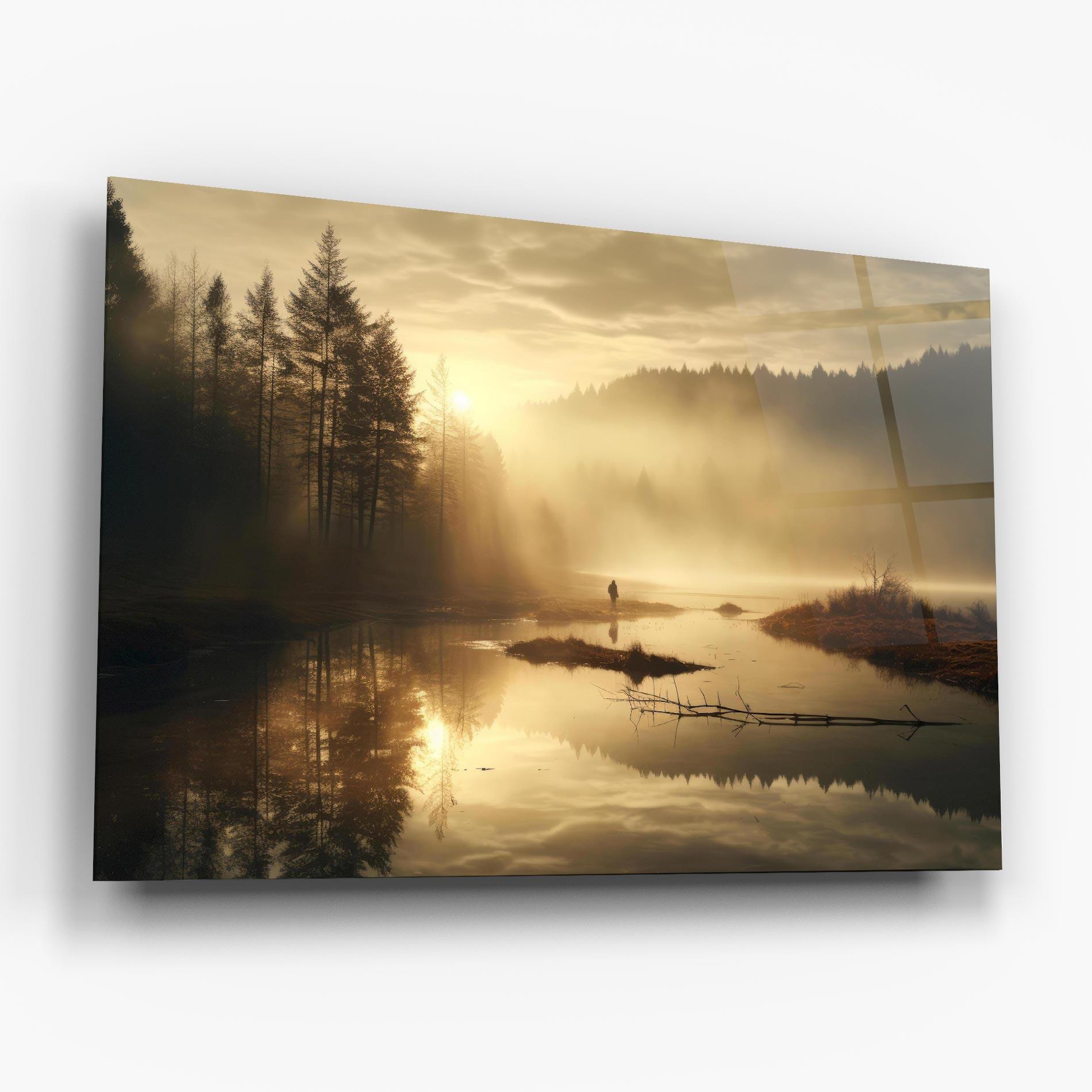 Tablou Sticla The Sun Is Rising Over A River In A Foggy Forest mockup 6