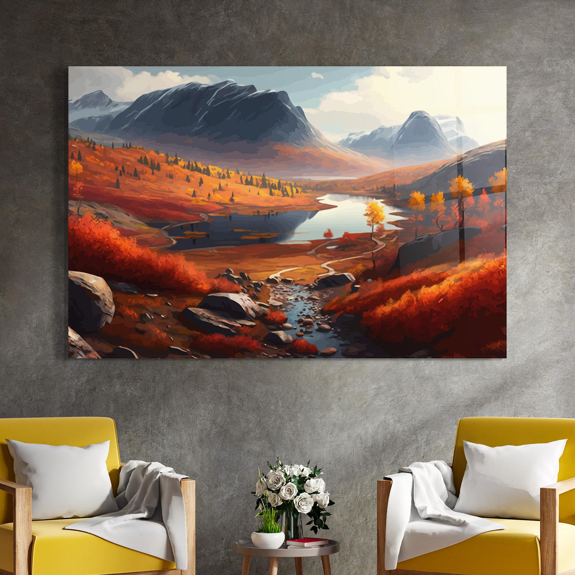 Tablou Sticla Autumn Field Lake mockup 4