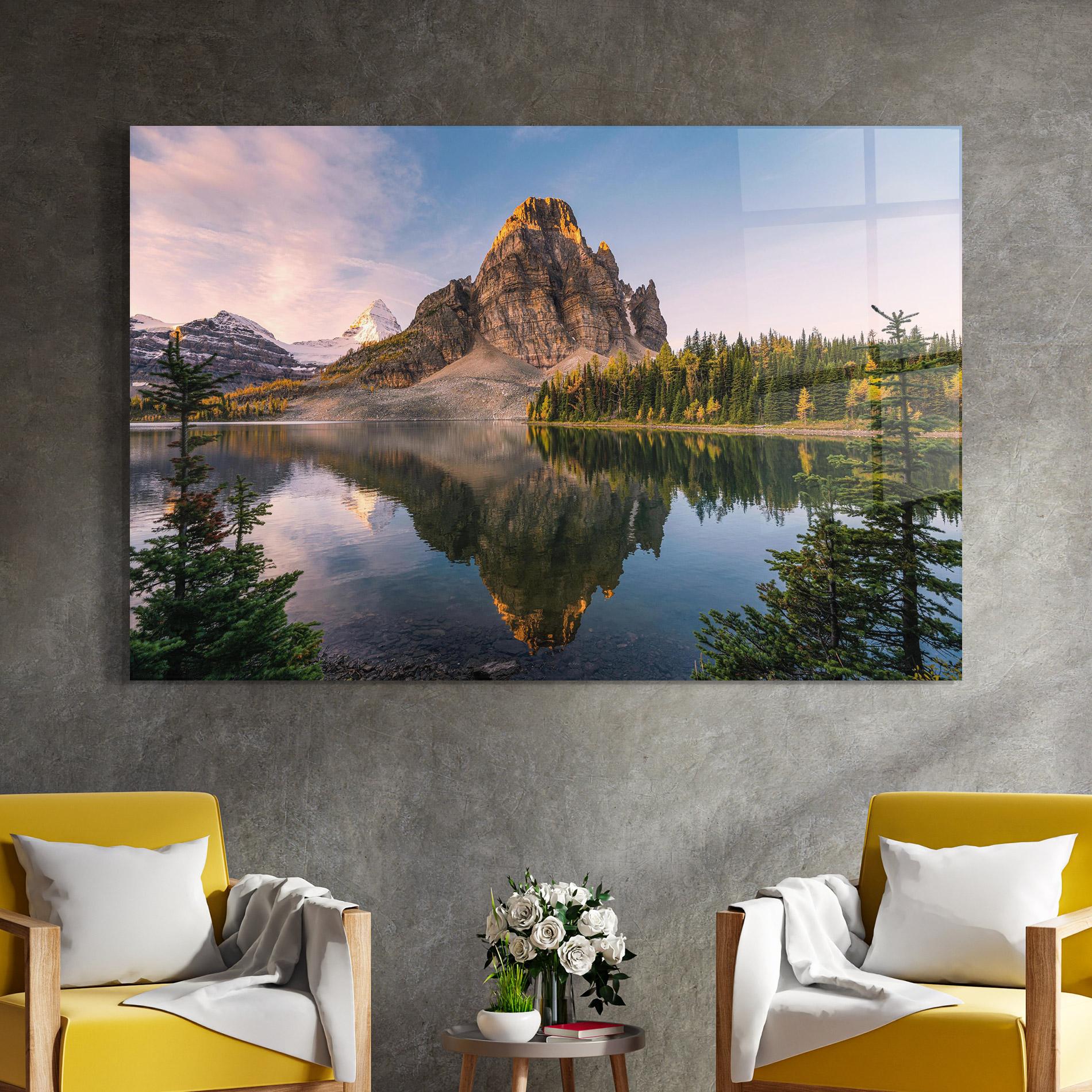 Tablou Sticla Mountain Sunrise Lake mockup 4