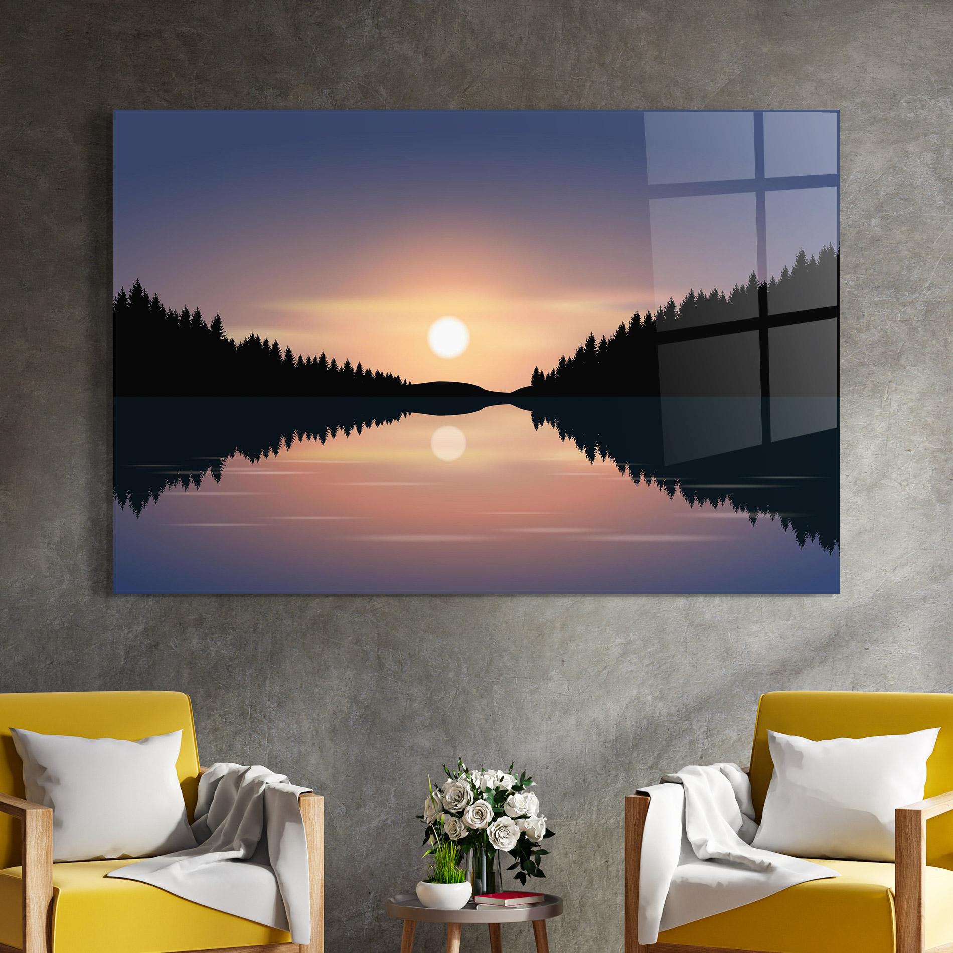 Tablou Sticla Sunset Forest Lake mockup 4