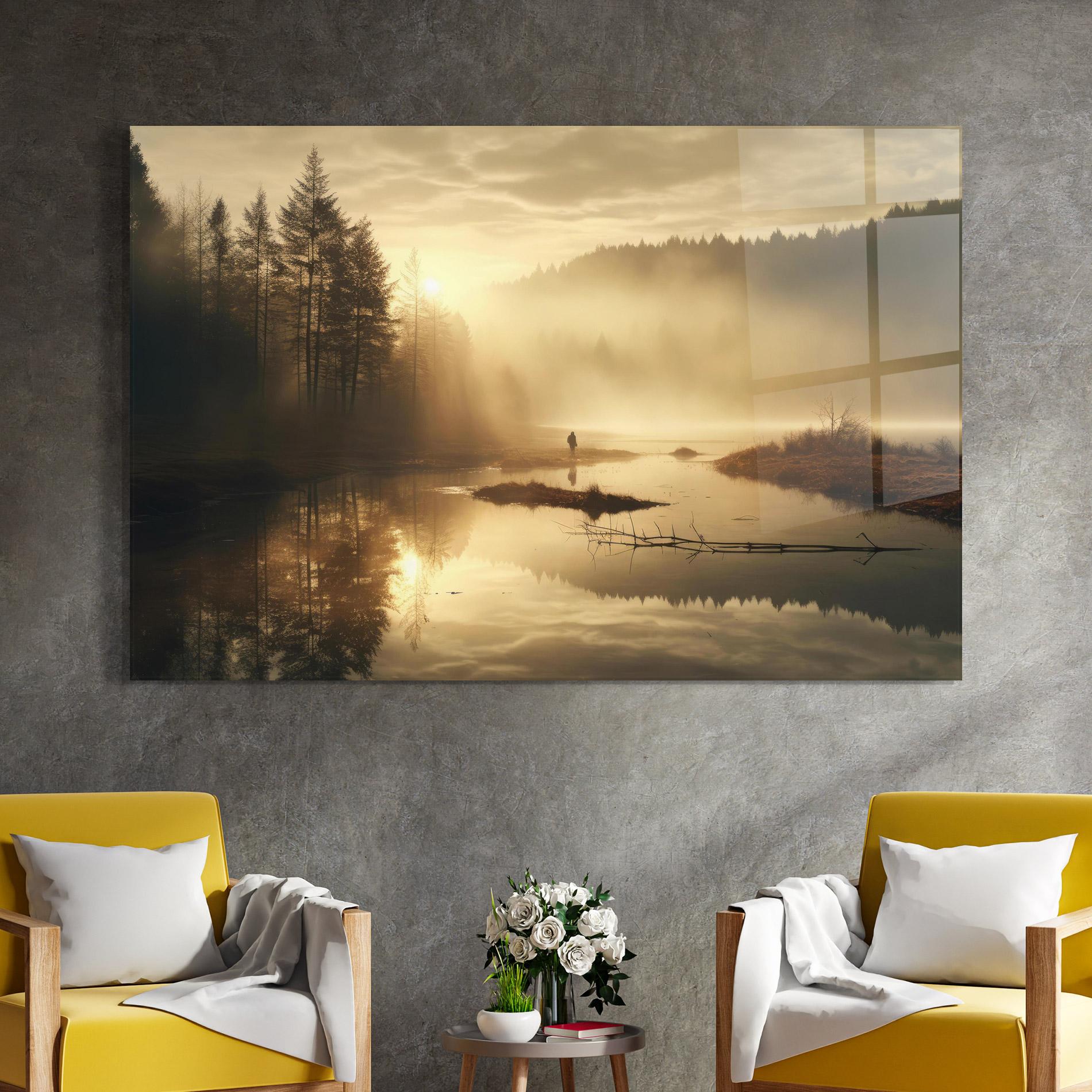 Tablou Sticla The Sun Is Rising Over A River In A Foggy Forest mockup 4