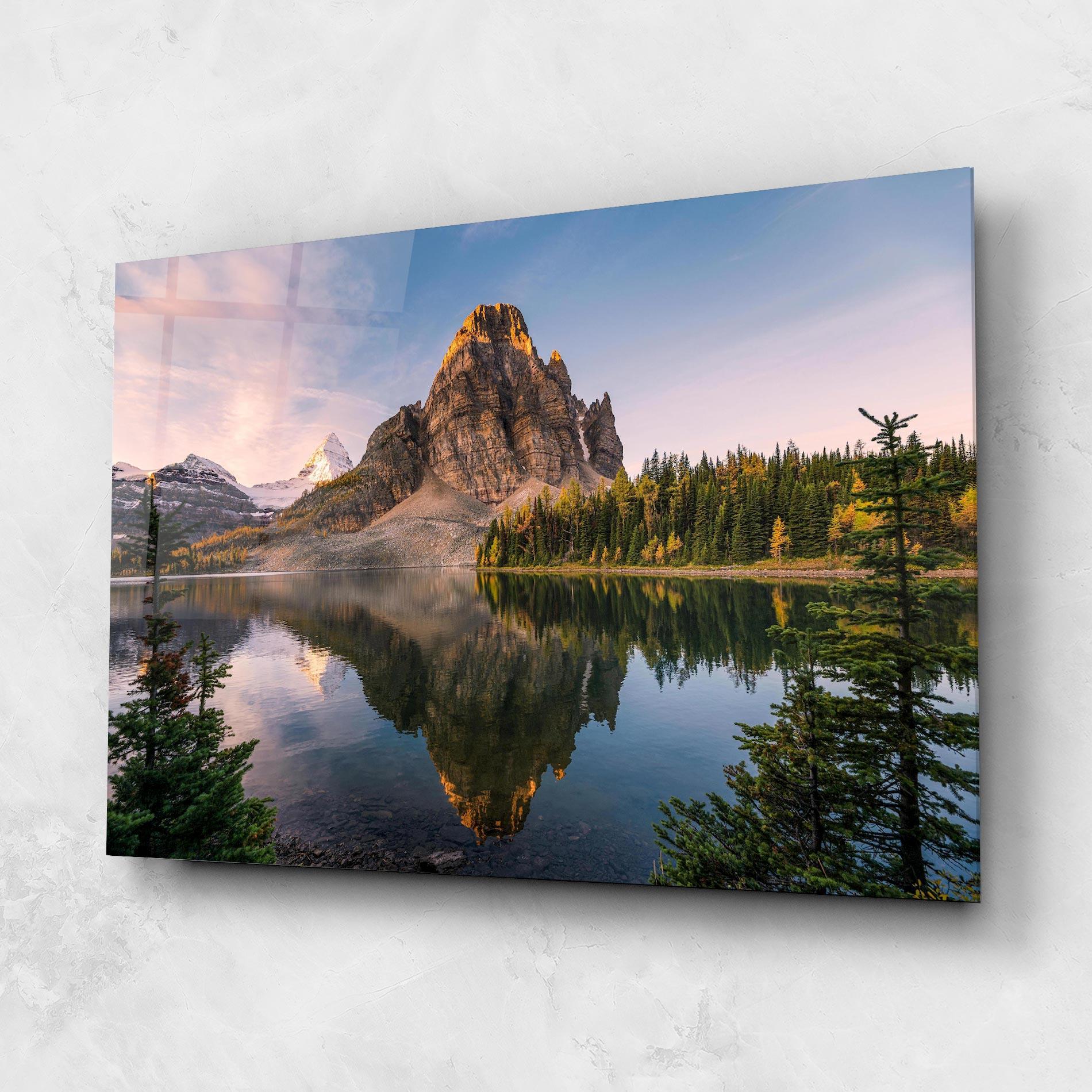 Tablou Sticla Mountain Sunrise Lake mockup 1
