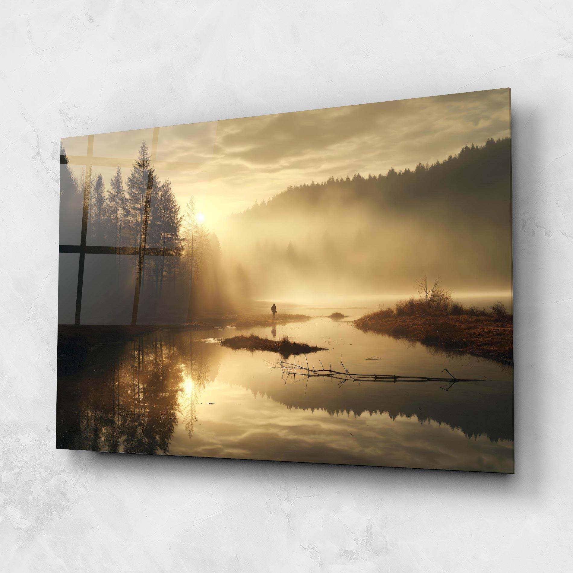 Tablou Sticla The Sun Is Rising Over A River In A Foggy Forest mockup 1