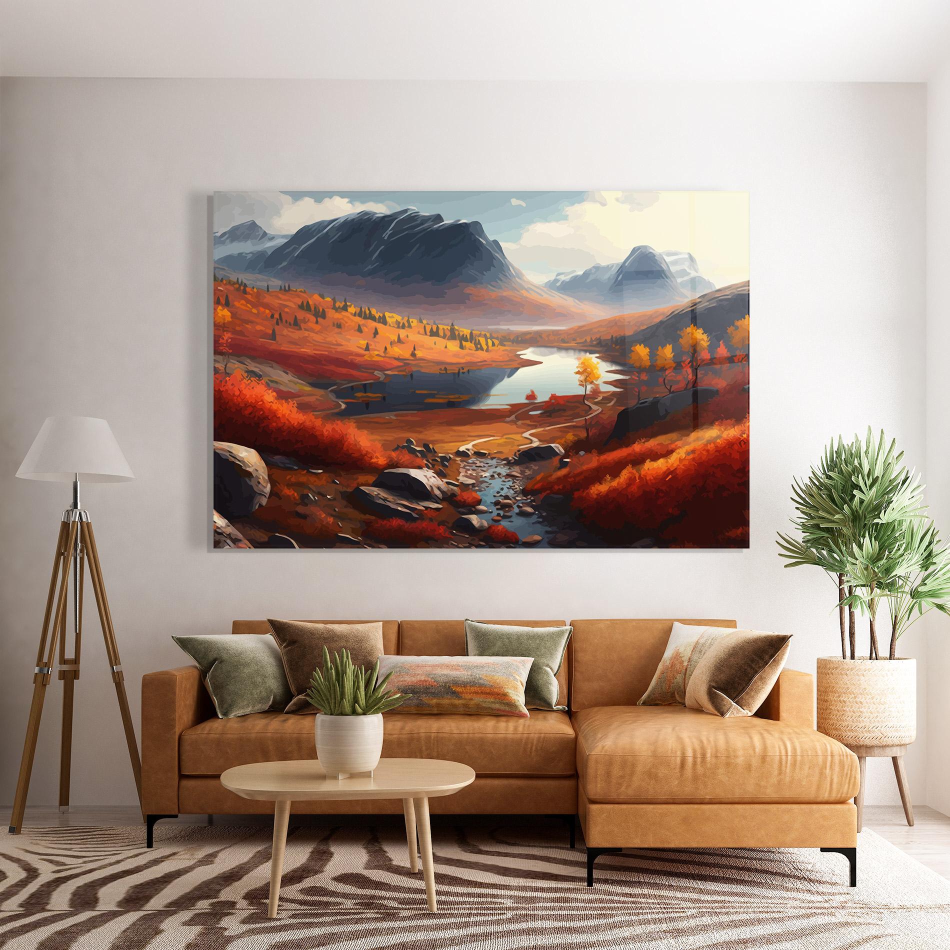 Tablou Sticla Autumn Field Lake mockup 7