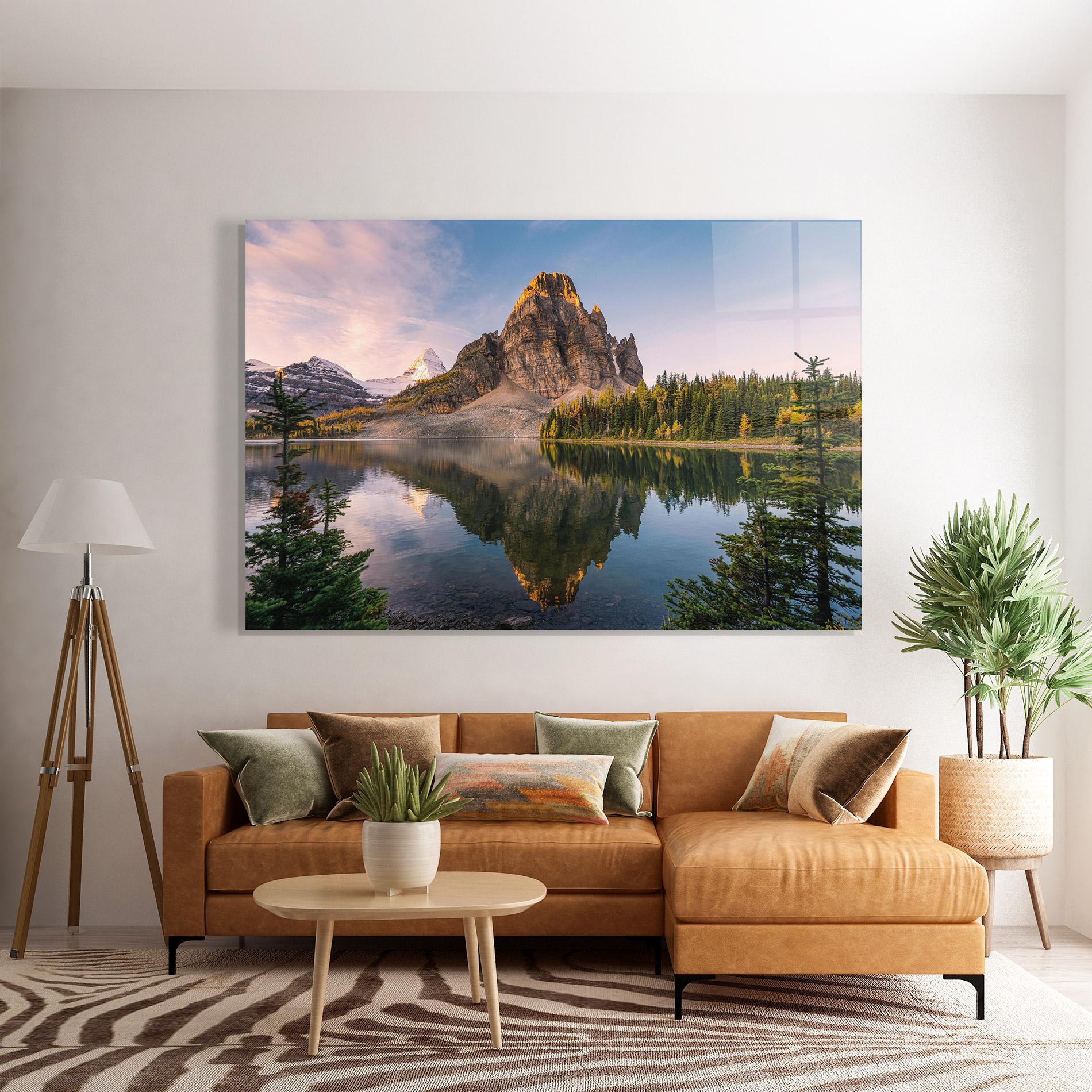 Tablou Sticla Mountain Sunrise Lake mockup 7