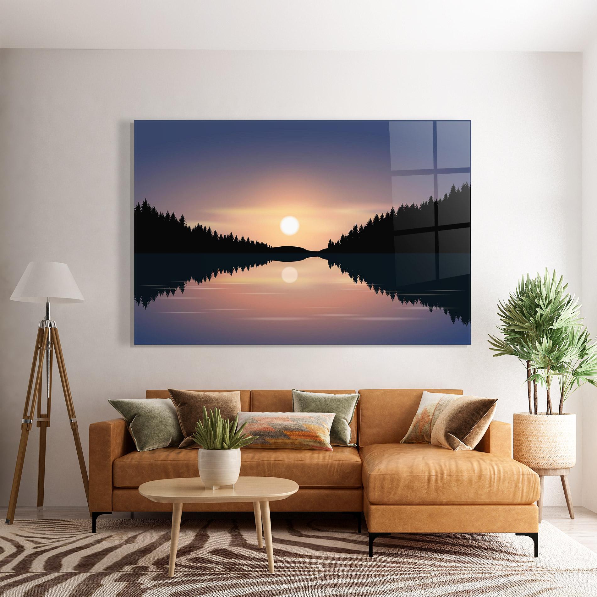 Tablou Sticla Sunset Forest Lake mockup 7