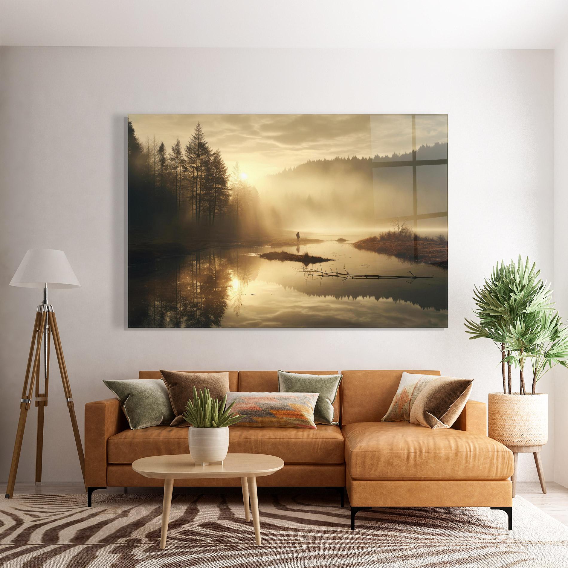 Tablou Sticla The Sun Is Rising Over A River In A Foggy Forest mockup 7