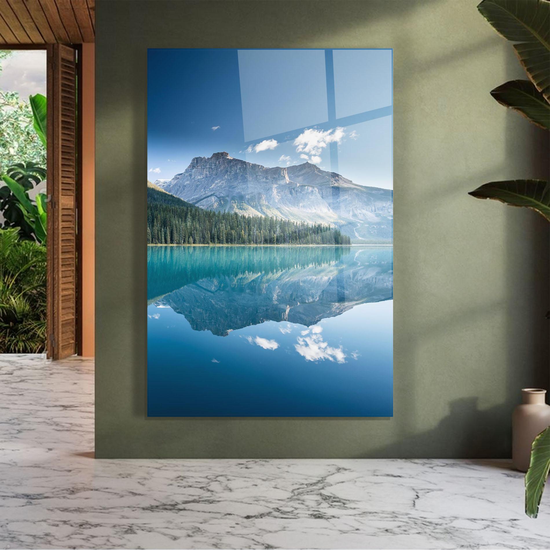 Tablou Sticla Blue Mountain Lake mockup 7