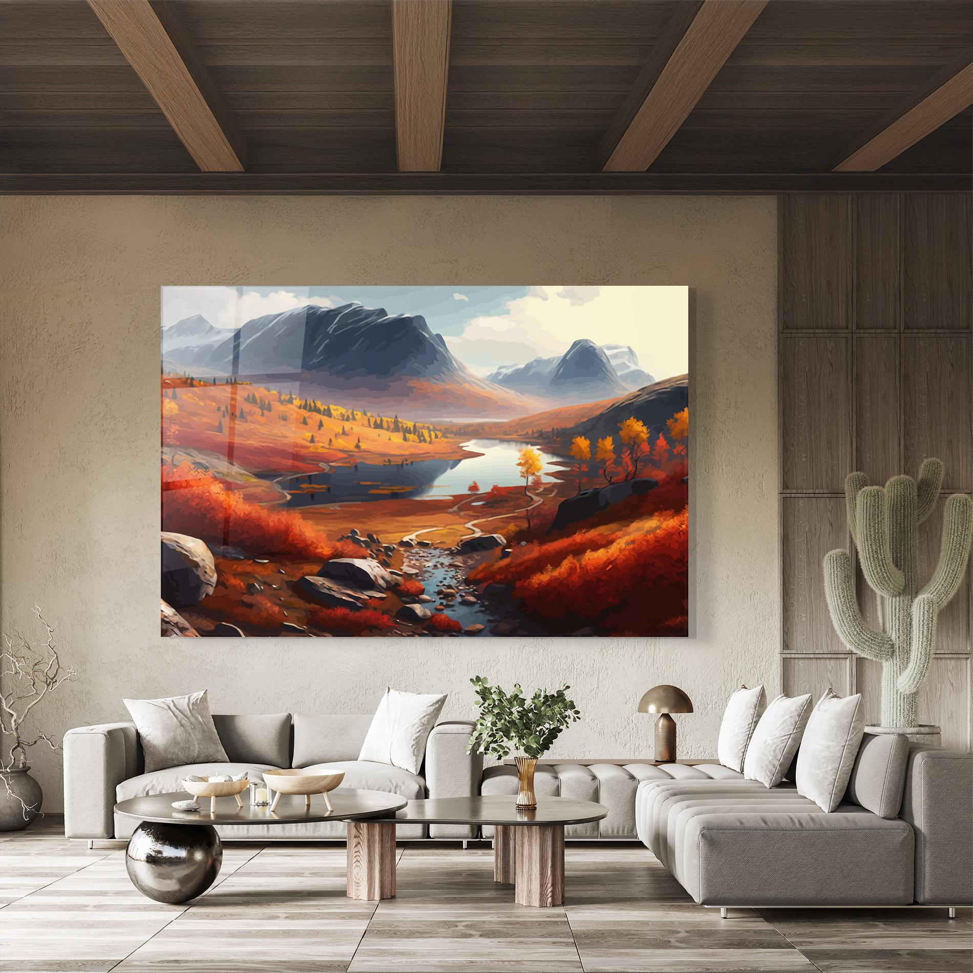 Tablou Sticla Autumn Field Lake mockup 8